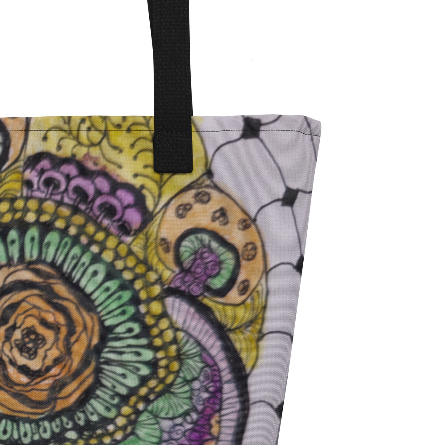 Tote Bag with Pocket: Zen Floral Bliss - Floral Zentangle Artwork Design by Cathy Dement, 16x20 Inches