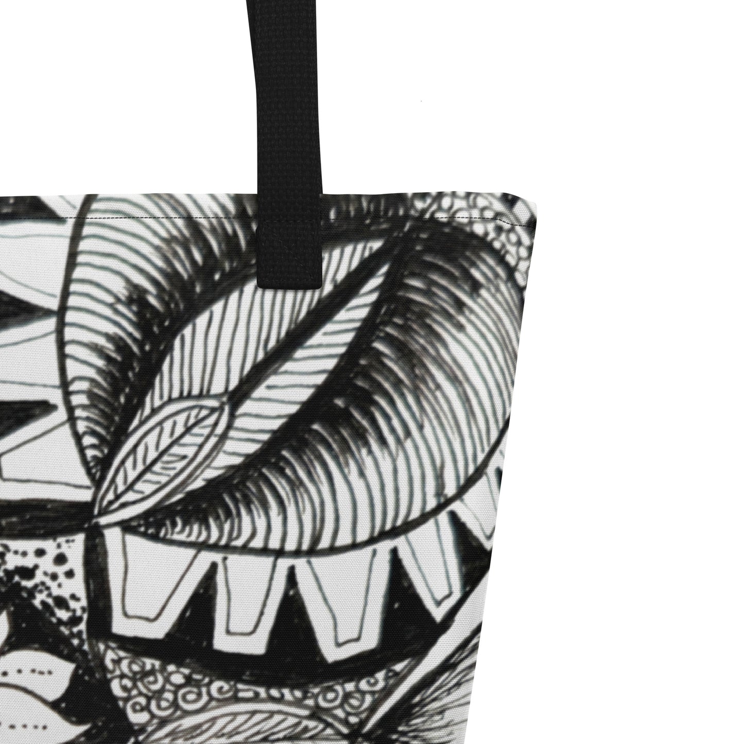 Large Tote Bag with Pocket - Zen-dala, Monochrome Zentangle, Floral Artwork Design