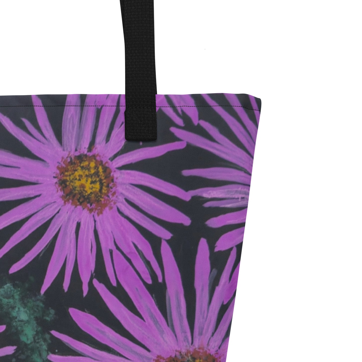 Large Tote Bag with Pocket - Purple Aster Flower with Bee - Colorful Floral Artwork Design