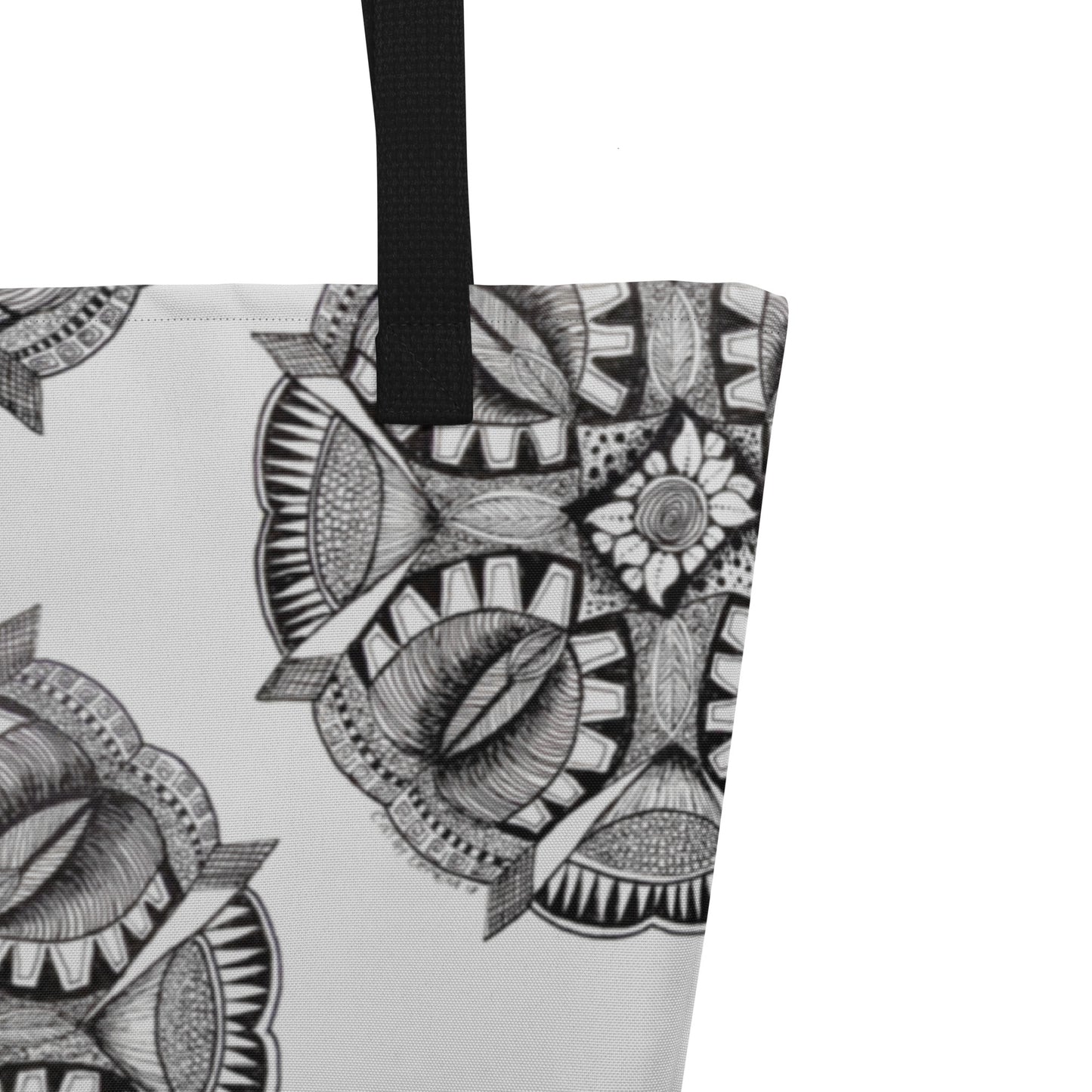 Tote Bag with Pocket - Zen-Dala, Monochrome Zentangle Mandala, Floral Artwork Design