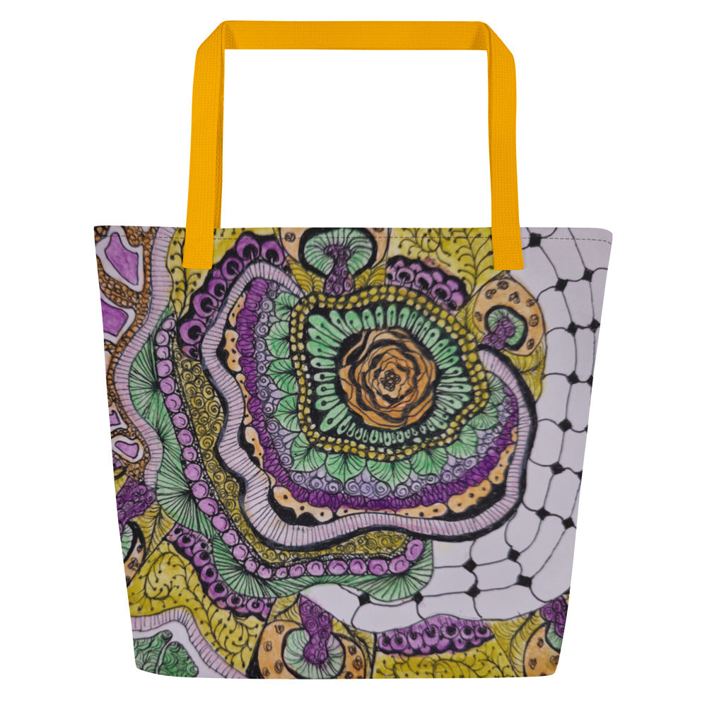 Tote Bag with Pocket: Zen Floral Bliss - Floral Zentangle Artwork Design by Cathy Dement, 16x20 Inches