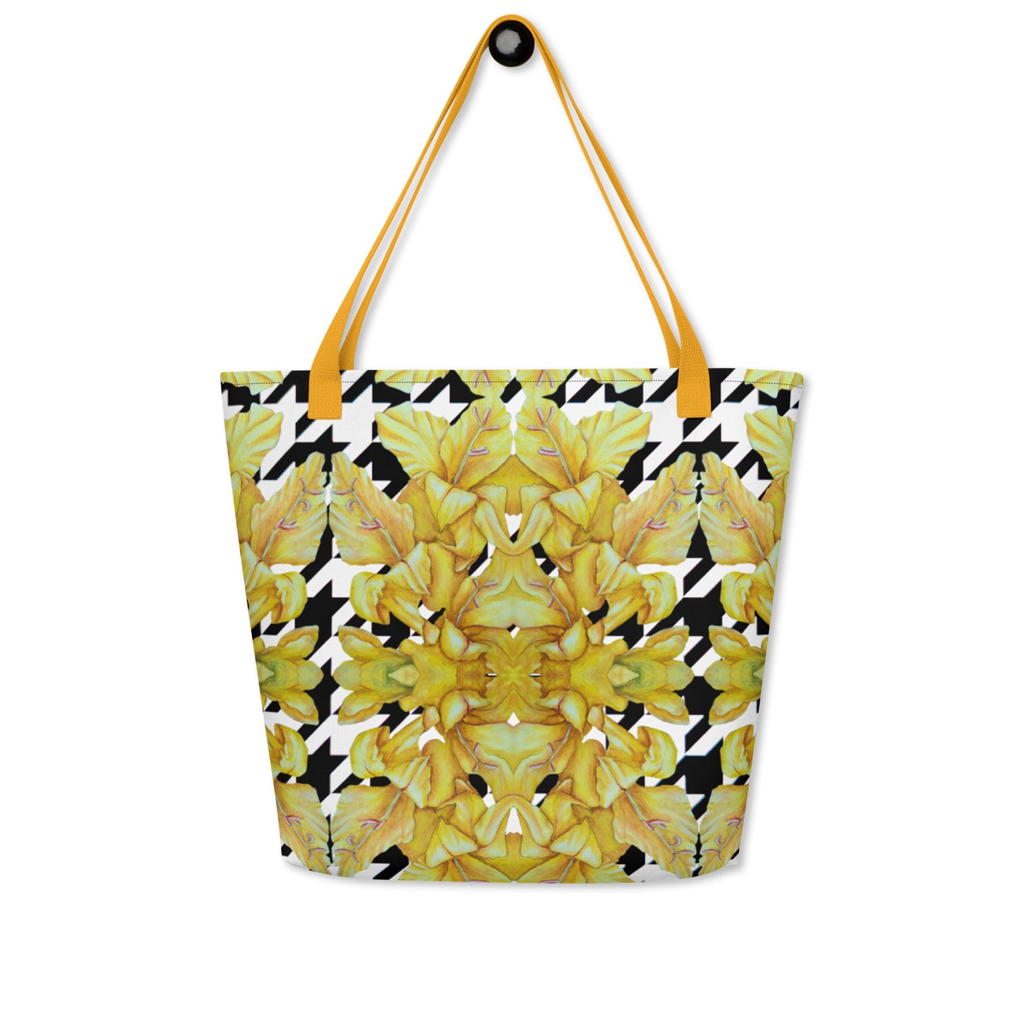 Tote Bag with Pocket: Hounds Tooth Pattern With Yellow Gladiola Artwork Design by Cathy Dement, 16x20 Inches