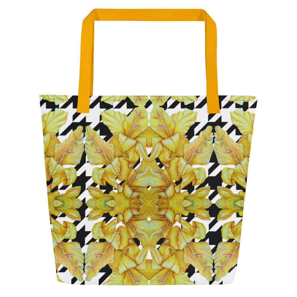 Tote Bag with Pocket: Hounds Tooth Pattern With Yellow Gladiola Artwork Design by Cathy Dement, 16x20 Inches