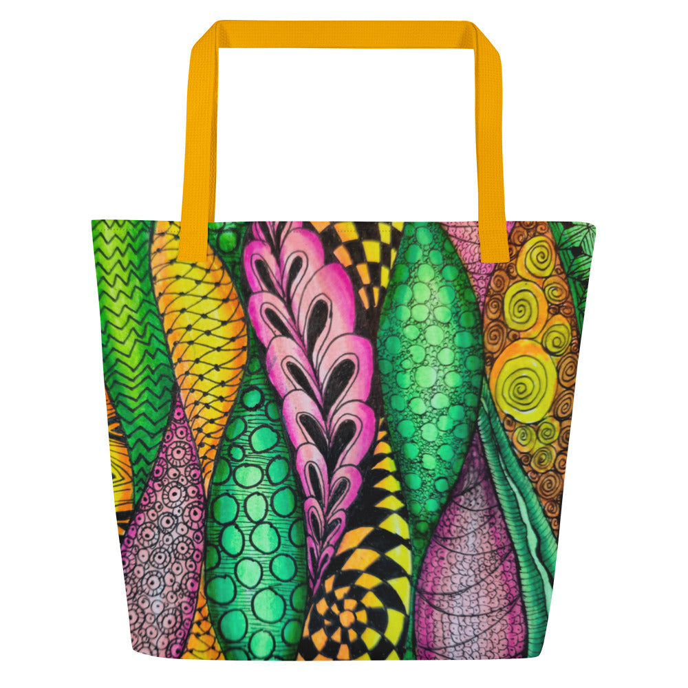 Large Tote Bag With Pocket - Zen Bloom,  Colorful Zentangle, Floral Artwork Design