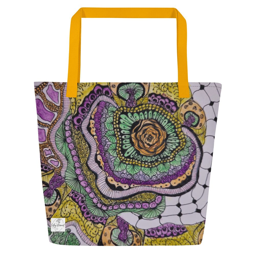 Tote Bag with Pocket: Zen Floral Bliss - Floral Zentangle Artwork Design by Cathy Dement, 16x20 Inches