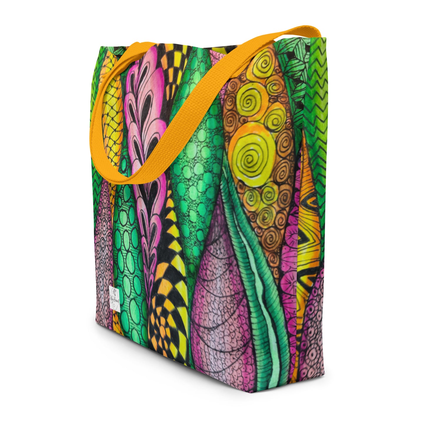 Large Tote Bag With Pocket - Zen Bloom,  Colorful Zentangle, Floral Artwork Design