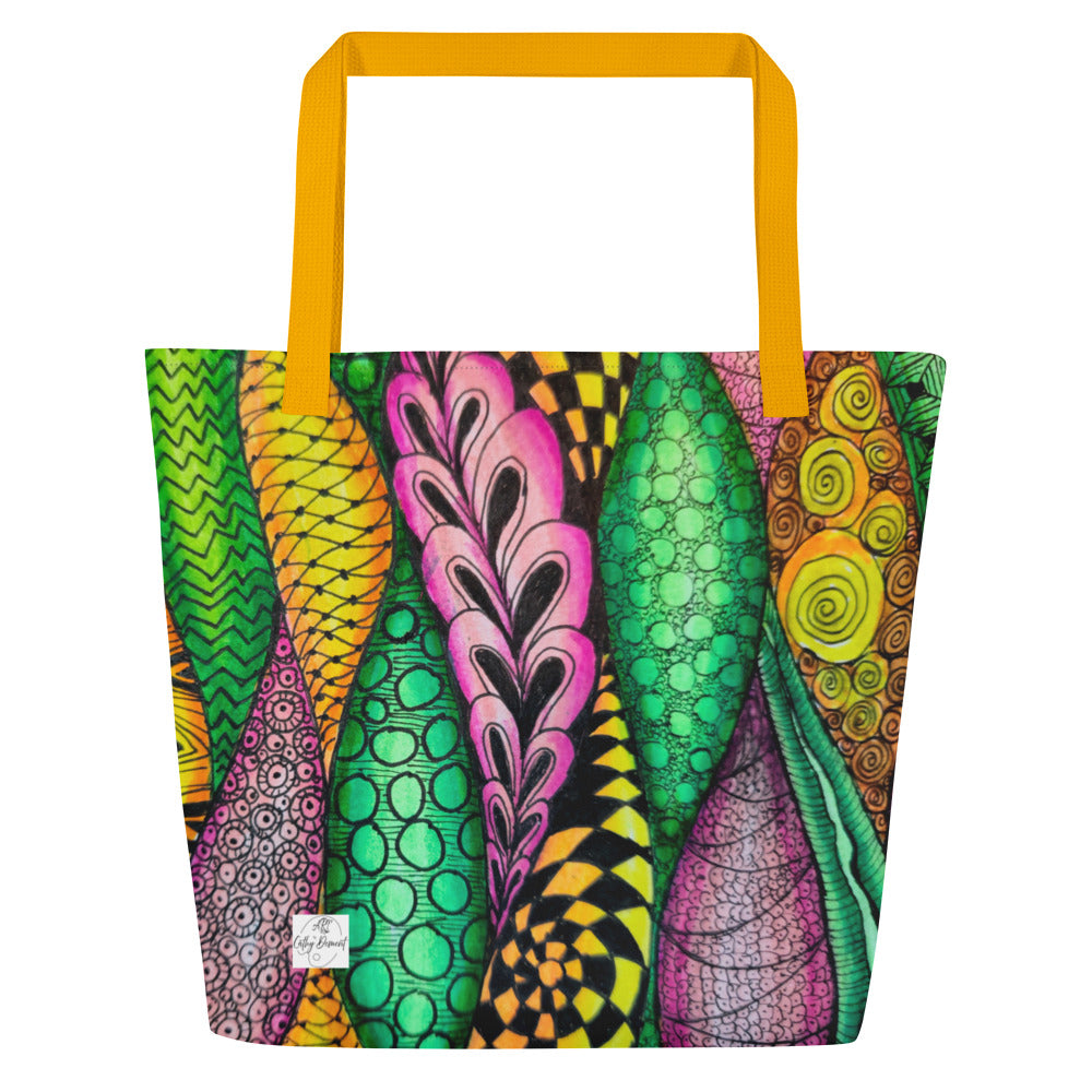 Large Tote Bag With Pocket - Zen Bloom,  Colorful Zentangle, Floral Artwork Design