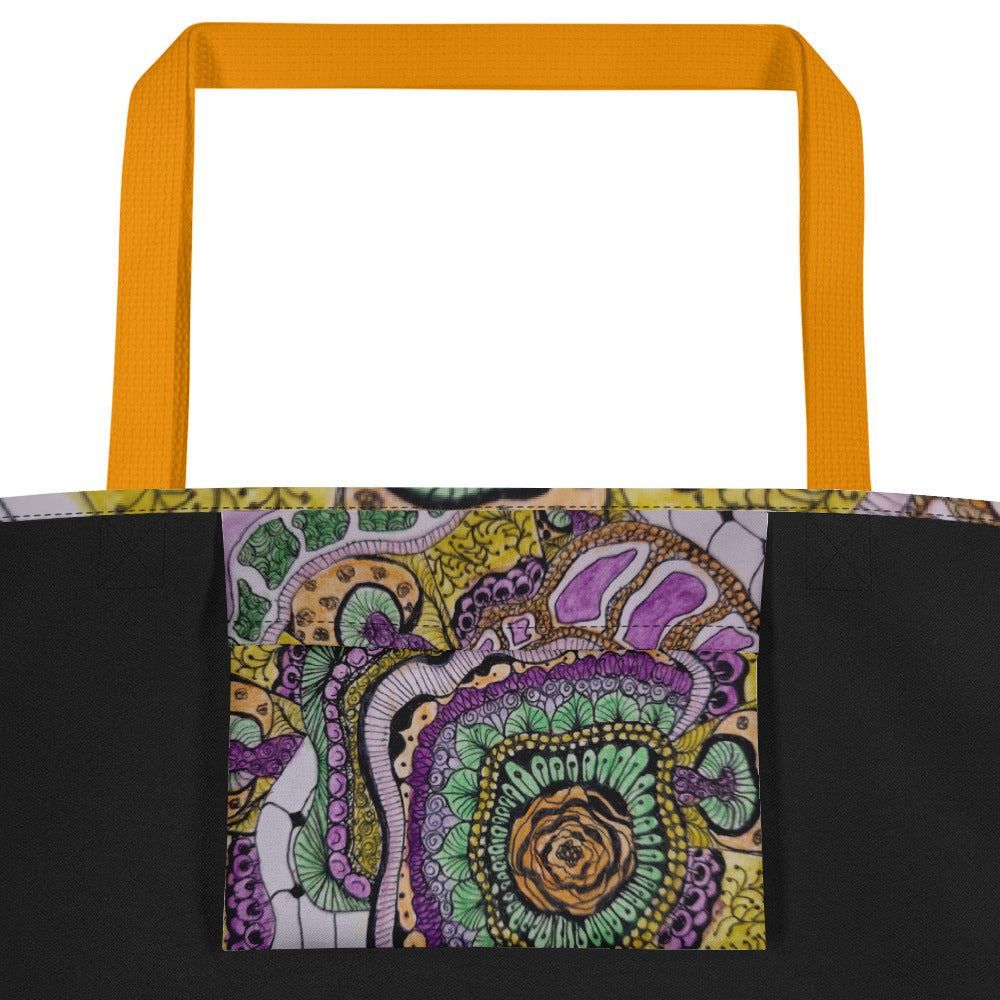 Tote Bag with Pocket: Zen Floral Bliss - Floral Zentangle Artwork Design by Cathy Dement, 16x20 Inches