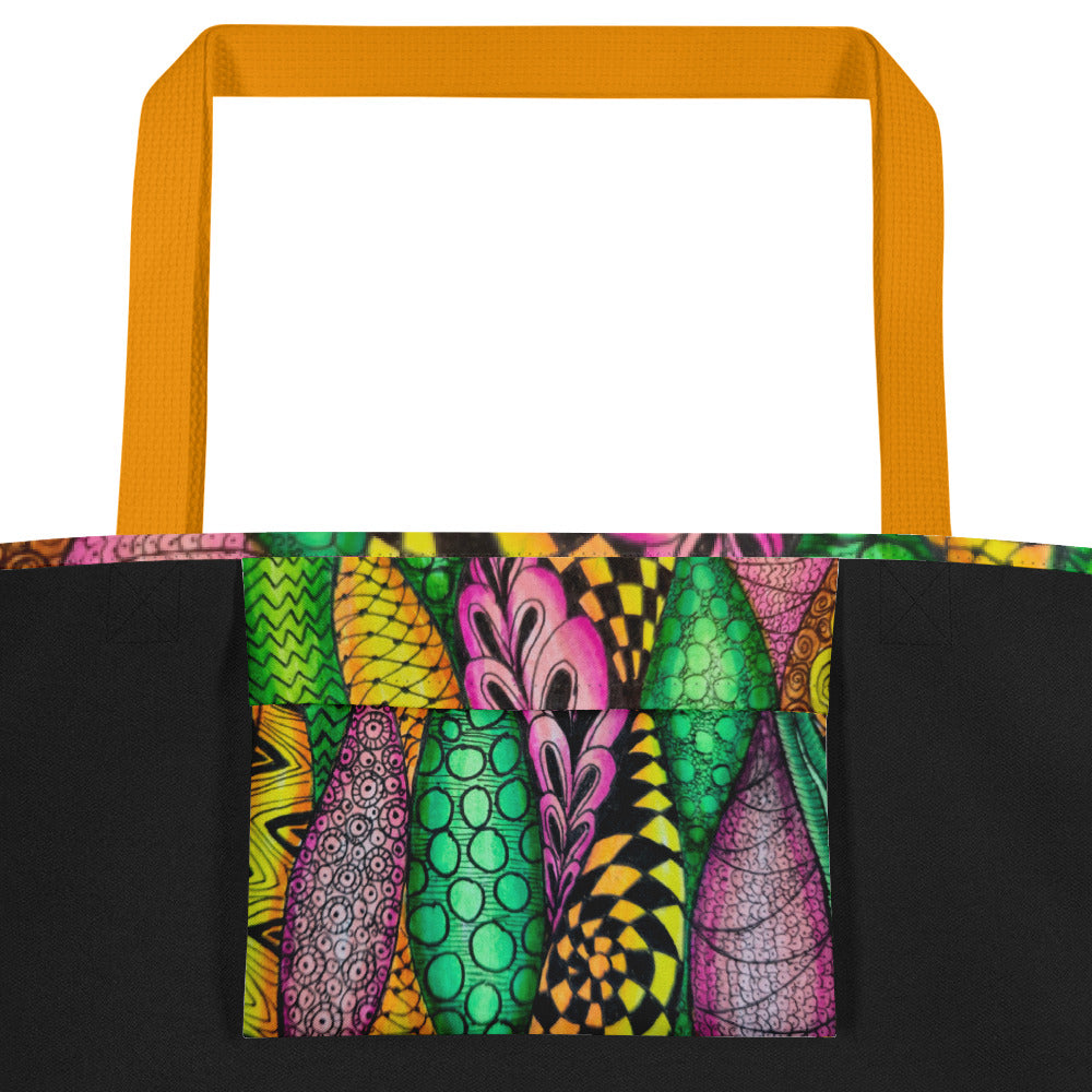 Large Tote Bag With Pocket - Zen Bloom,  Colorful Zentangle, Floral Artwork Design