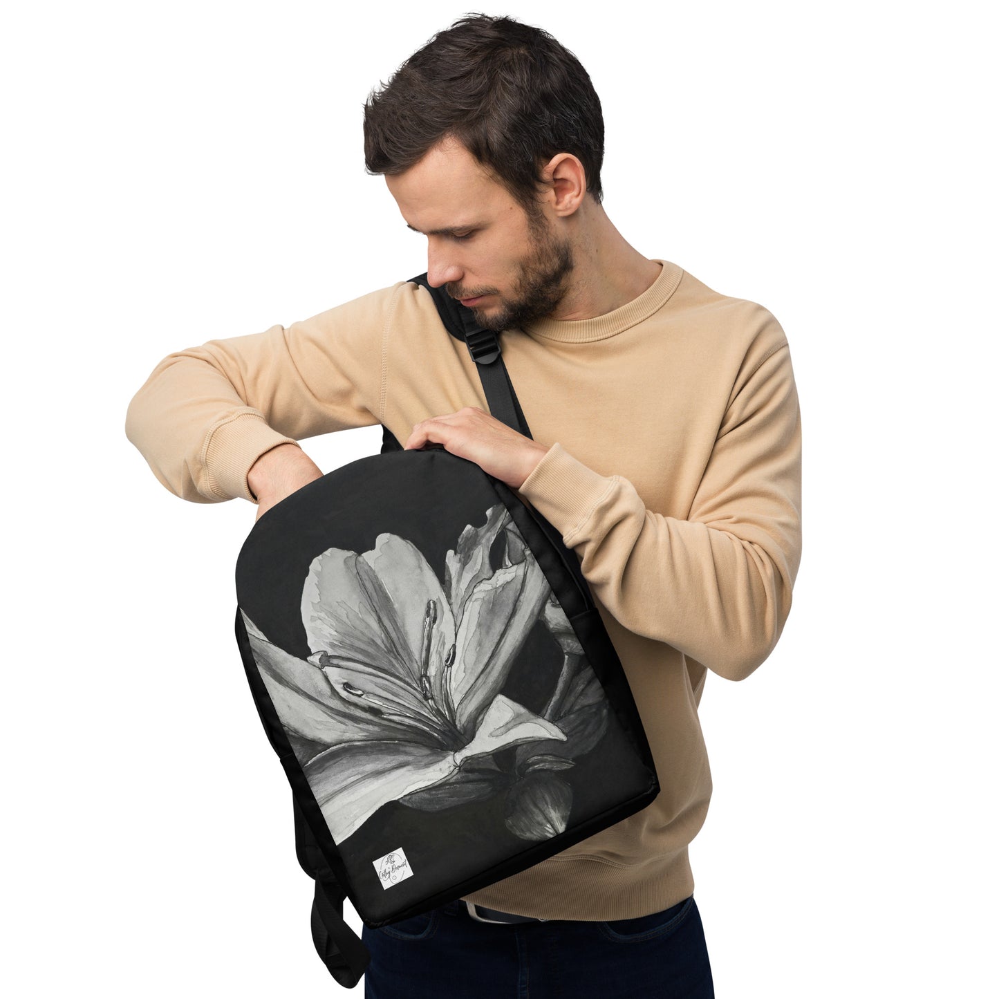 Floral Elegance: Lily Artwork Design Minimalist Black And White Backpack