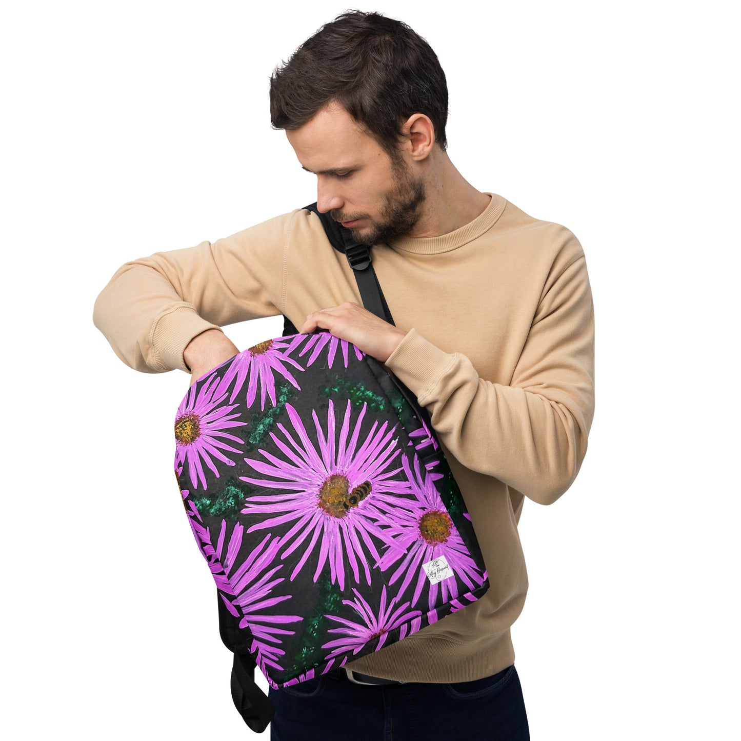 Minimalist Backpack - Purple Aster Flowers with Bee - Colorful Floral Artwork Design