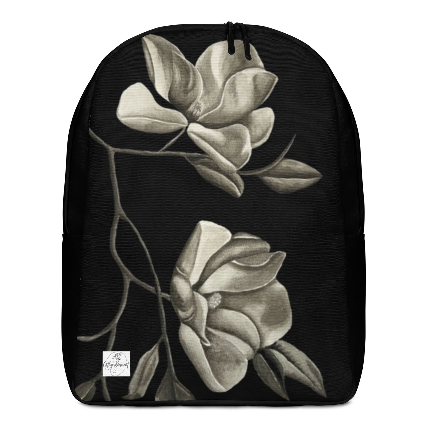 Backpack - Midnight Magnolias - Monochrome Floral Artwork Design, Wearable Art Bag