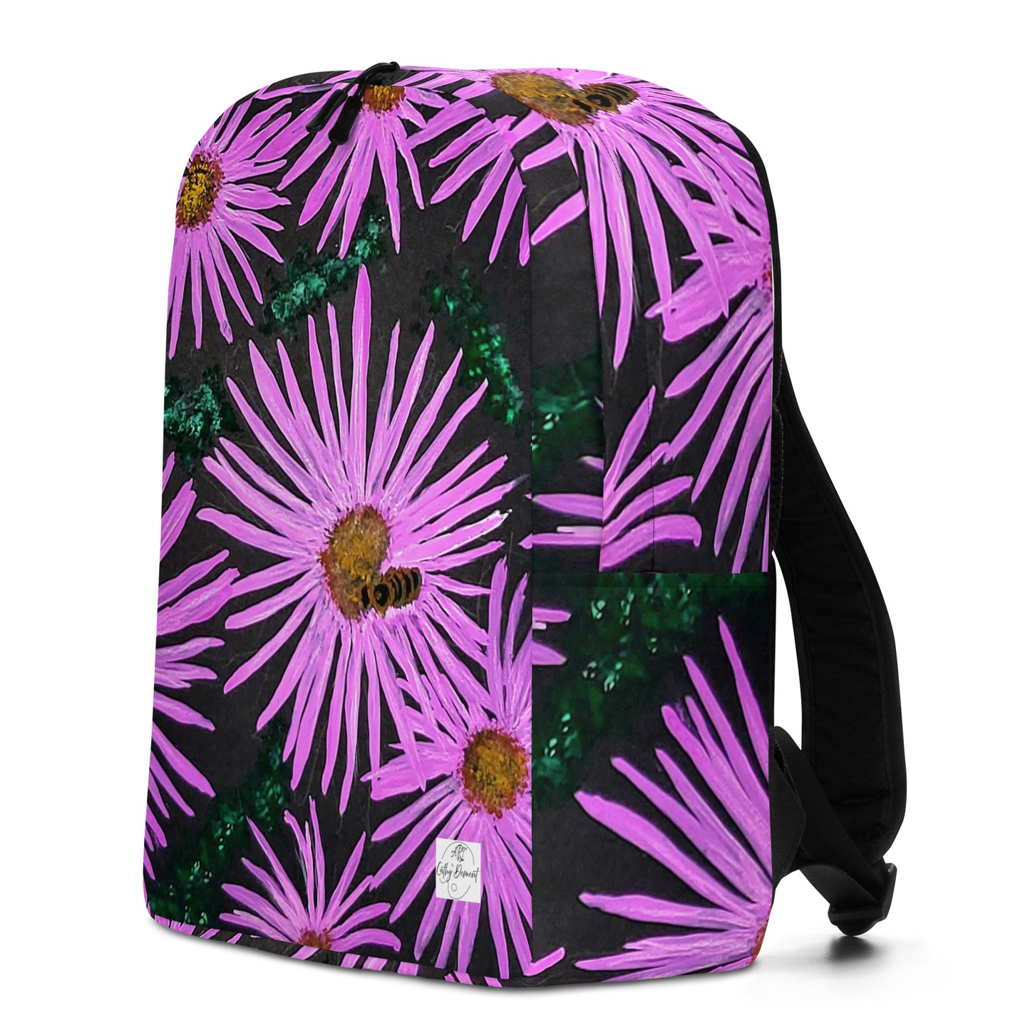 Minimalist Backpack - Purple Aster Flowers with Bee - Colorful Floral Artwork Design