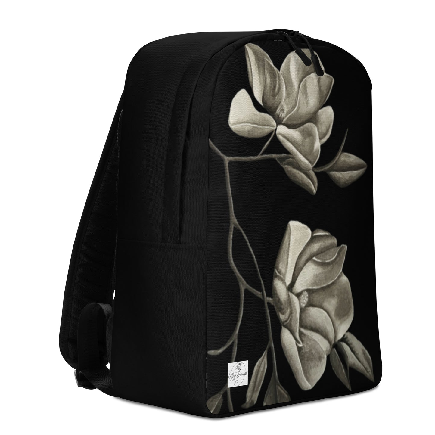 Backpack - Midnight Magnolias - Monochrome Floral Artwork Design, Wearable Art Bag