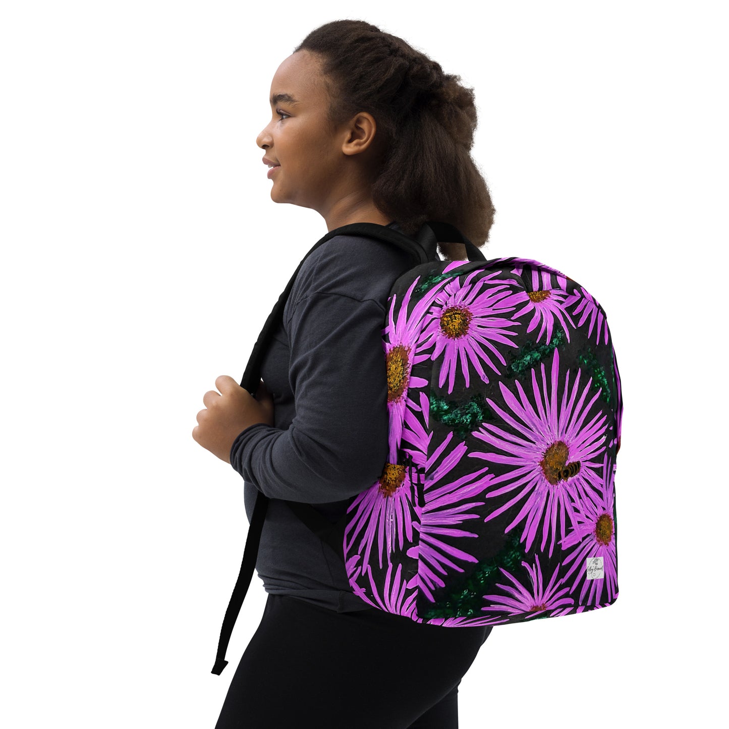 Minimalist Backpack - Purple Aster Flowers with Bee - Colorful Floral Artwork Design