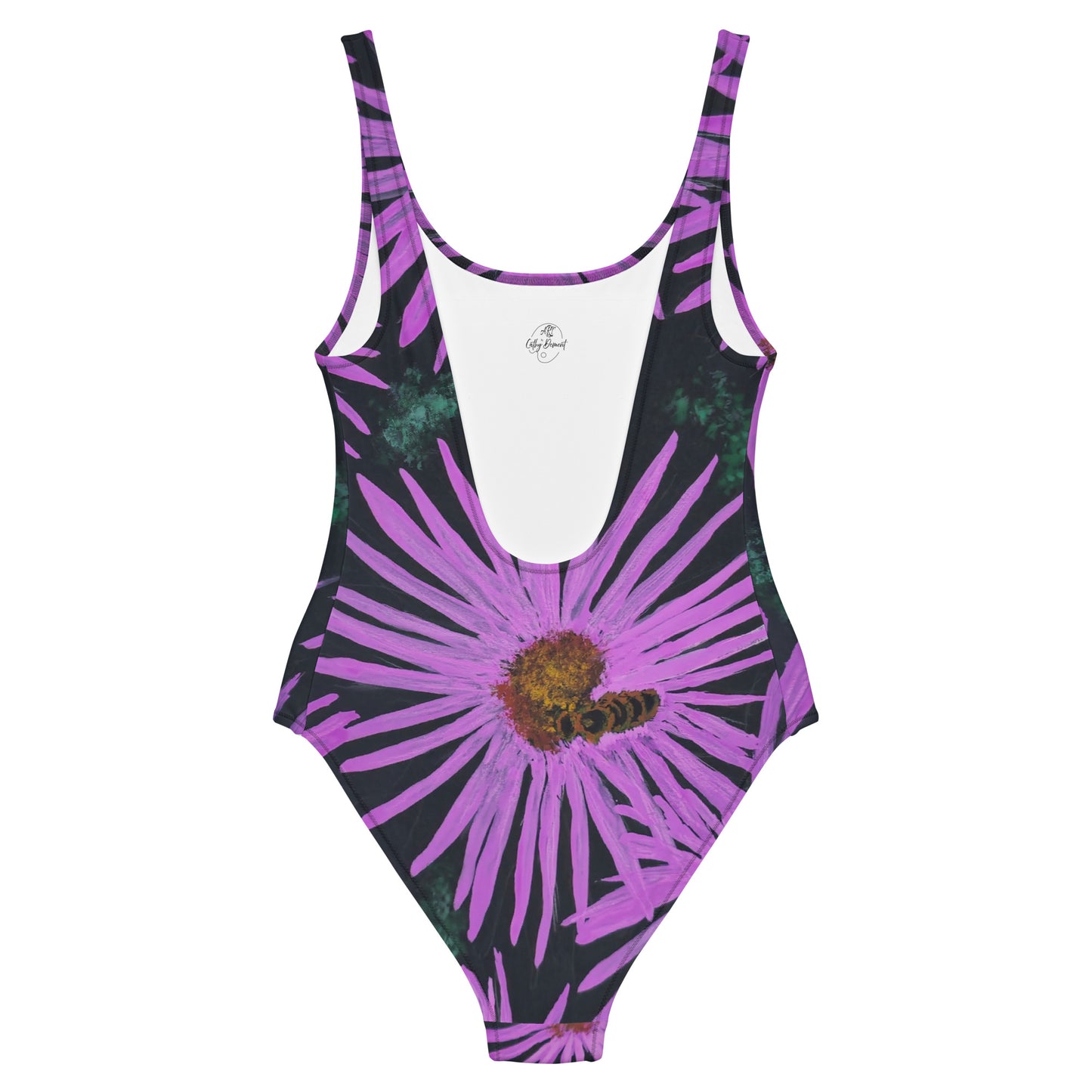 One-Piece Swimsuit -Purple Aster Flower with Bee - Colorful Floral Artwork Design