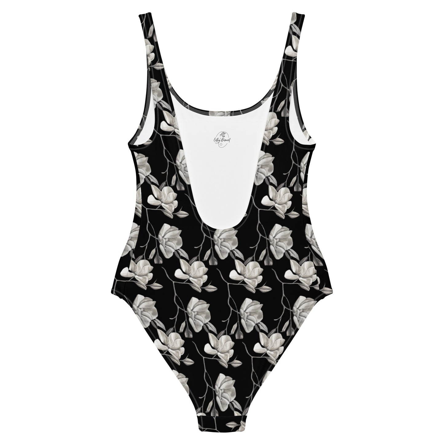 One-Piece Swimsuit - Midnight Magnolias - Monochrome Black and White Floral Artwork Design