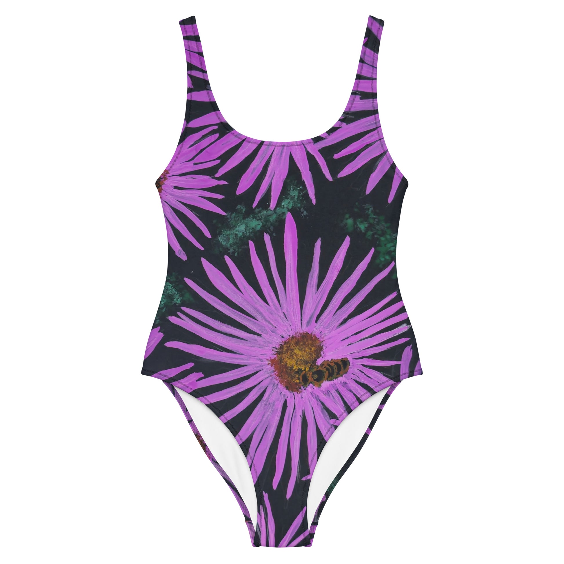 One-Piece Swimsuit -Purple Aster Flower with Bee - Colorful Floral Artwork Design