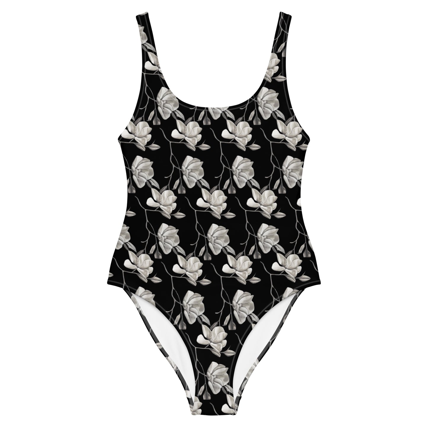 One-Piece Swimsuit - Midnight Magnolias - Monochrome Black and White Floral Artwork Design