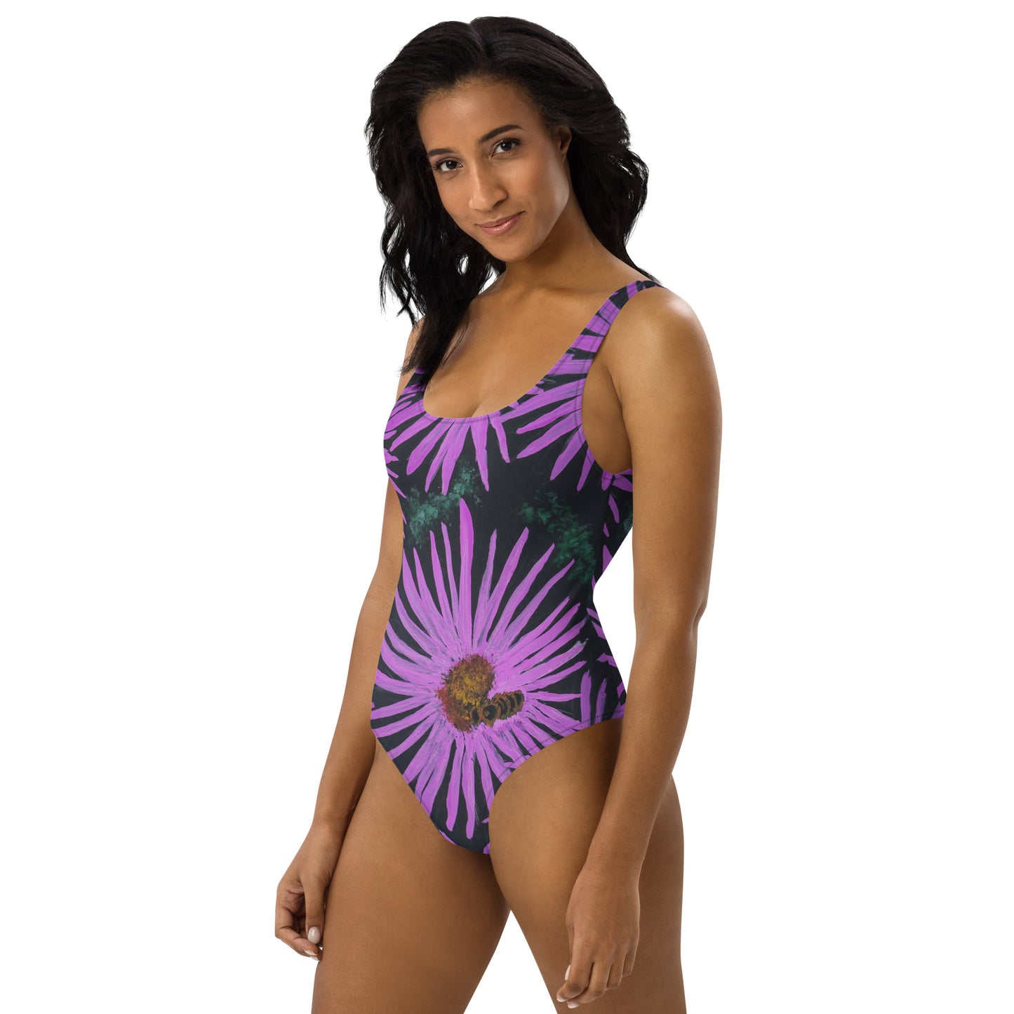 One-Piece Swimsuit -Purple Aster Flower with Bee - Colorful Floral Artwork Design