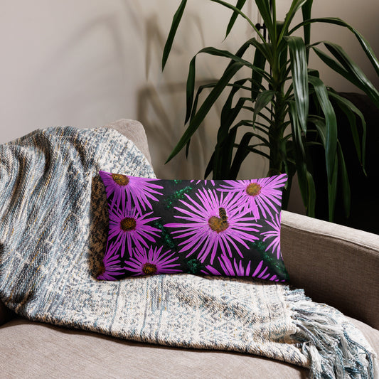 Purple Flower and Bee Pillow: Floral Print on Black Background 