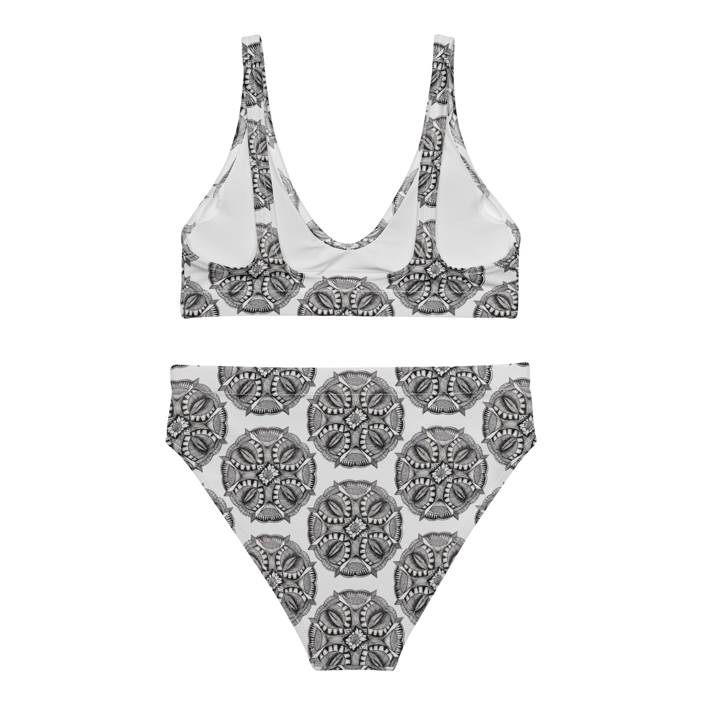 High-Waisted Bikini - Zen-Dala - Monochrome Mandala Abstract Artwork Design