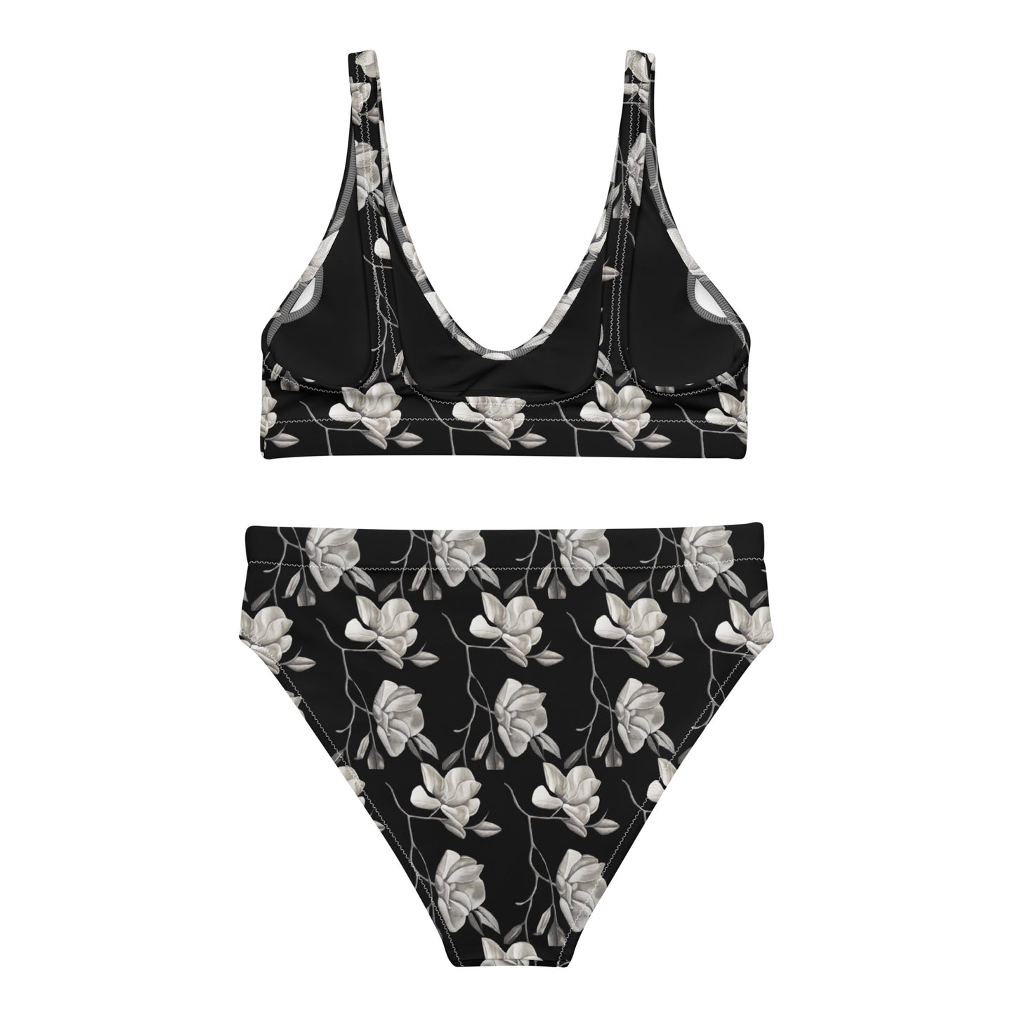 High-waisted Bikini - Midnight Magnolias - Monochrome Black and White Artwork Design