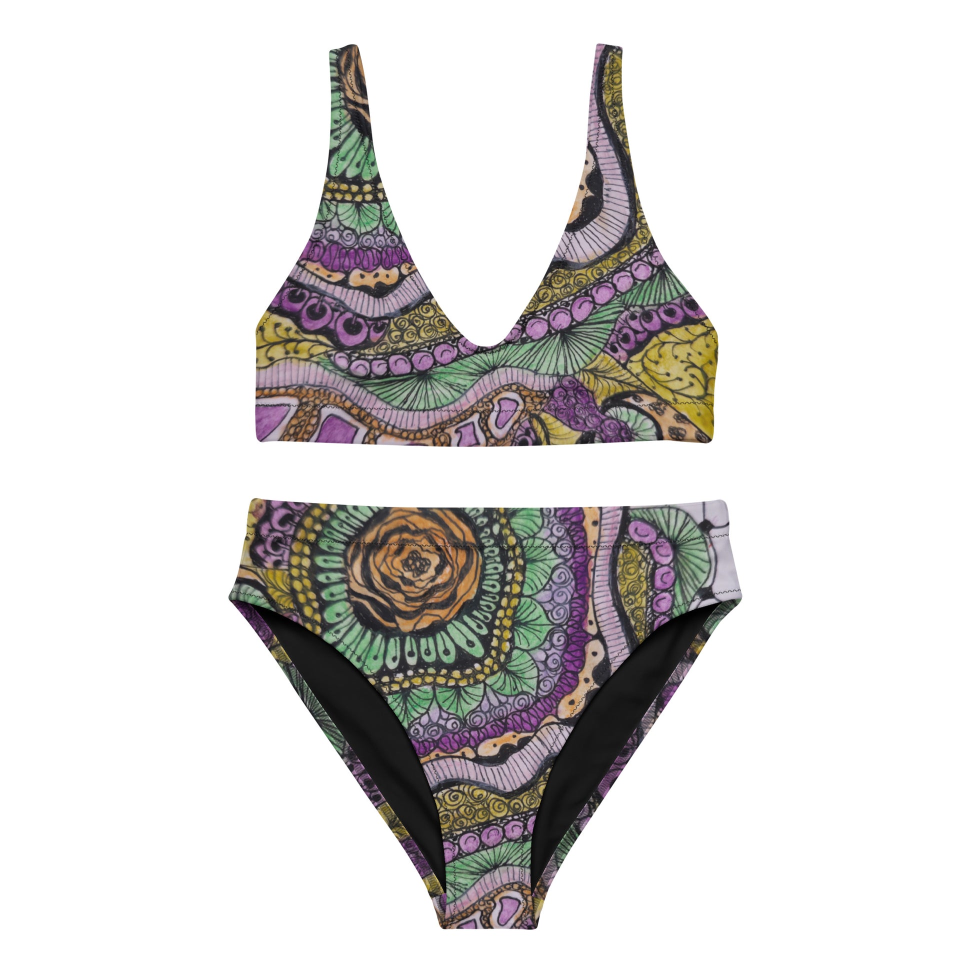 High-waisted Bikini - Zen Floral Bliss - Colorful Abstract Artwork Design