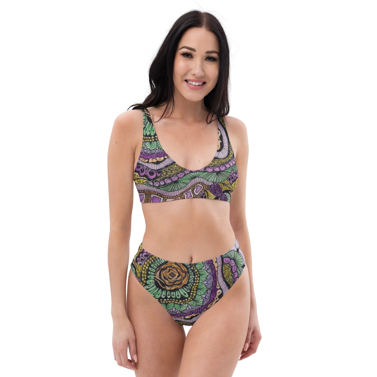 High-waisted Bikini - Zen Floral Bliss - Colorful Abstract Artwork Design