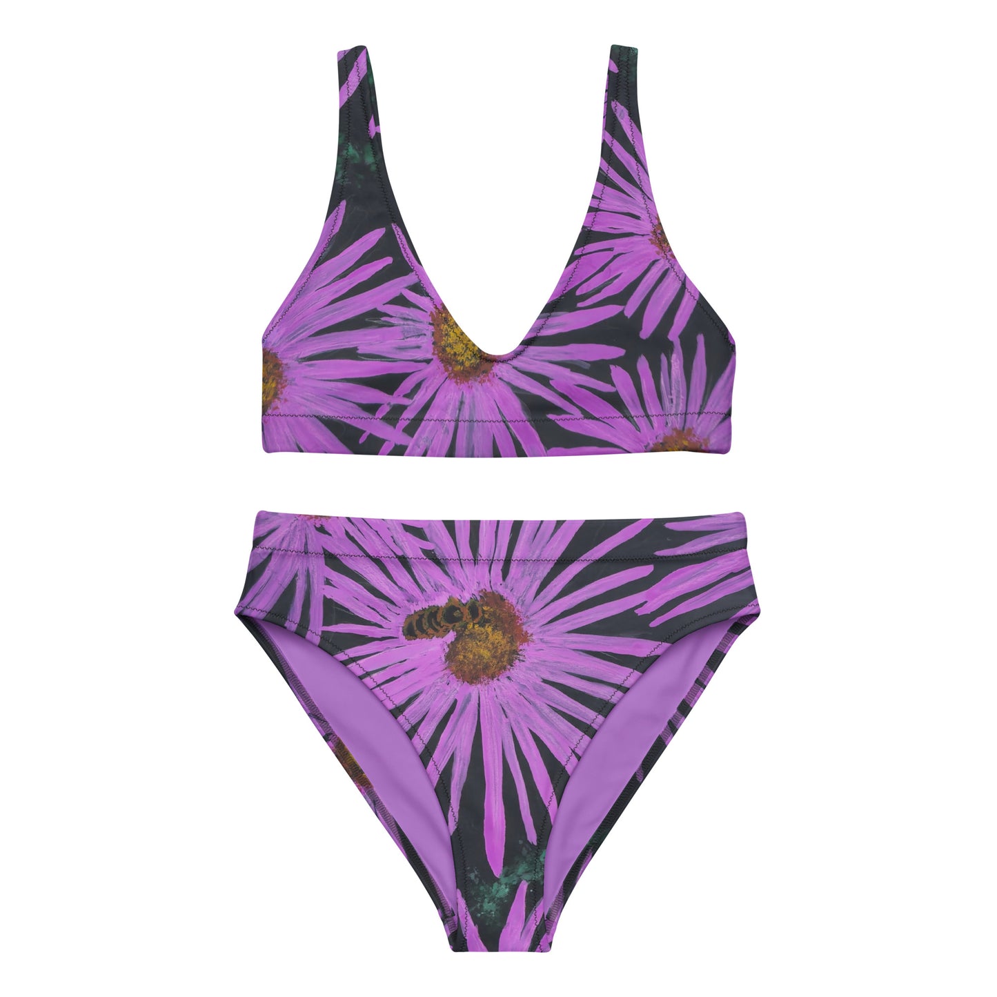 High-waisted Bikini - Purple Aster Flower with Bee - Colorful Floral Artwork Design