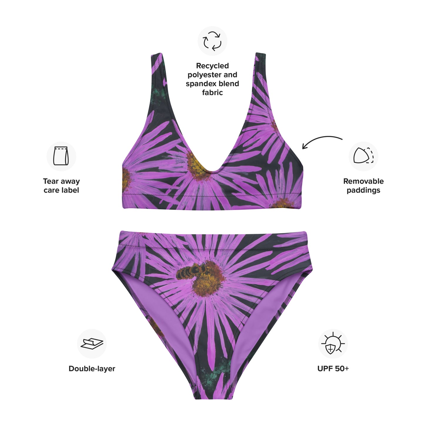 High-waisted Bikini - Purple Aster Flower with Bee - Colorful Floral Artwork Design