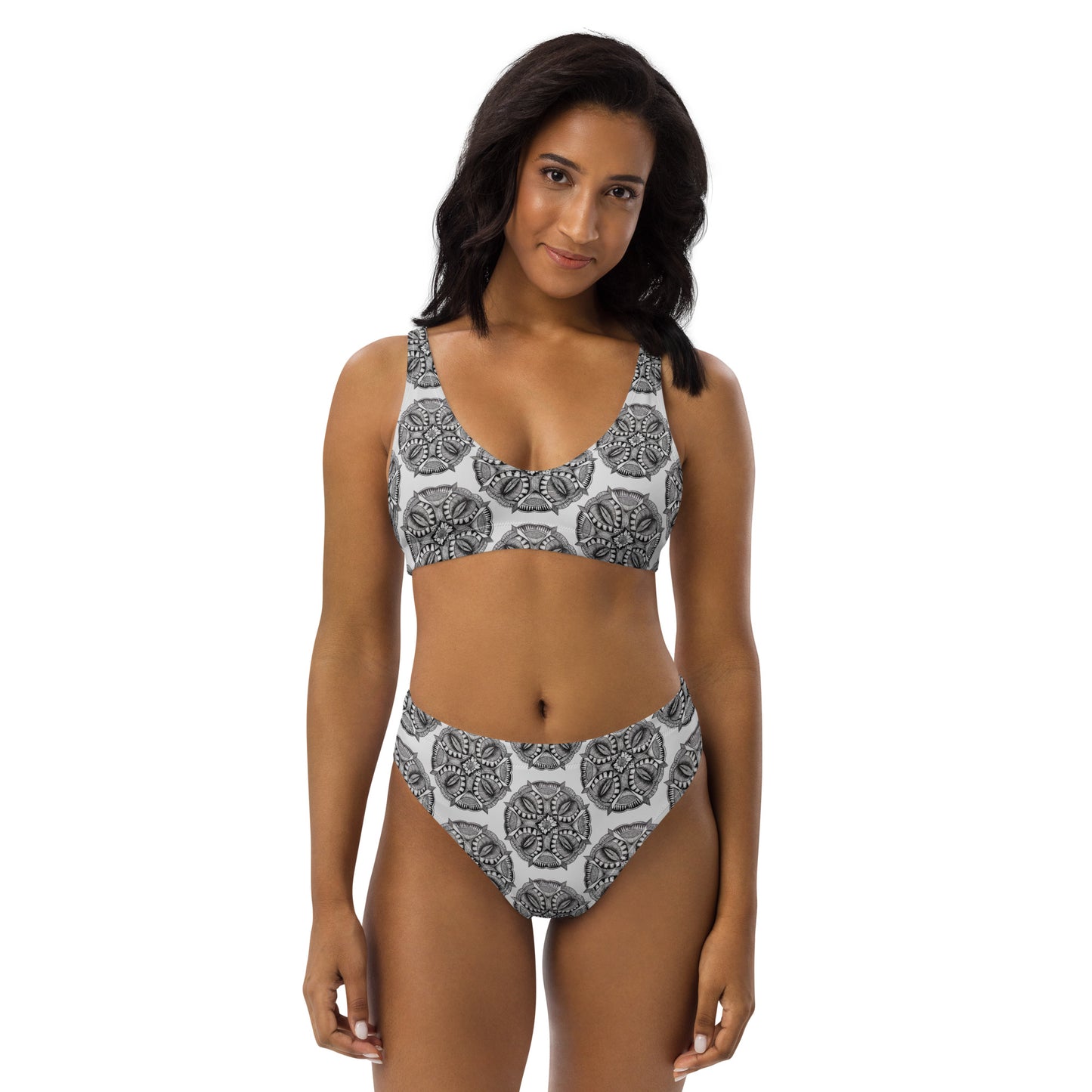 High-Waisted Bikini - Zen-Dala - Monochrome Mandala Abstract Artwork Design