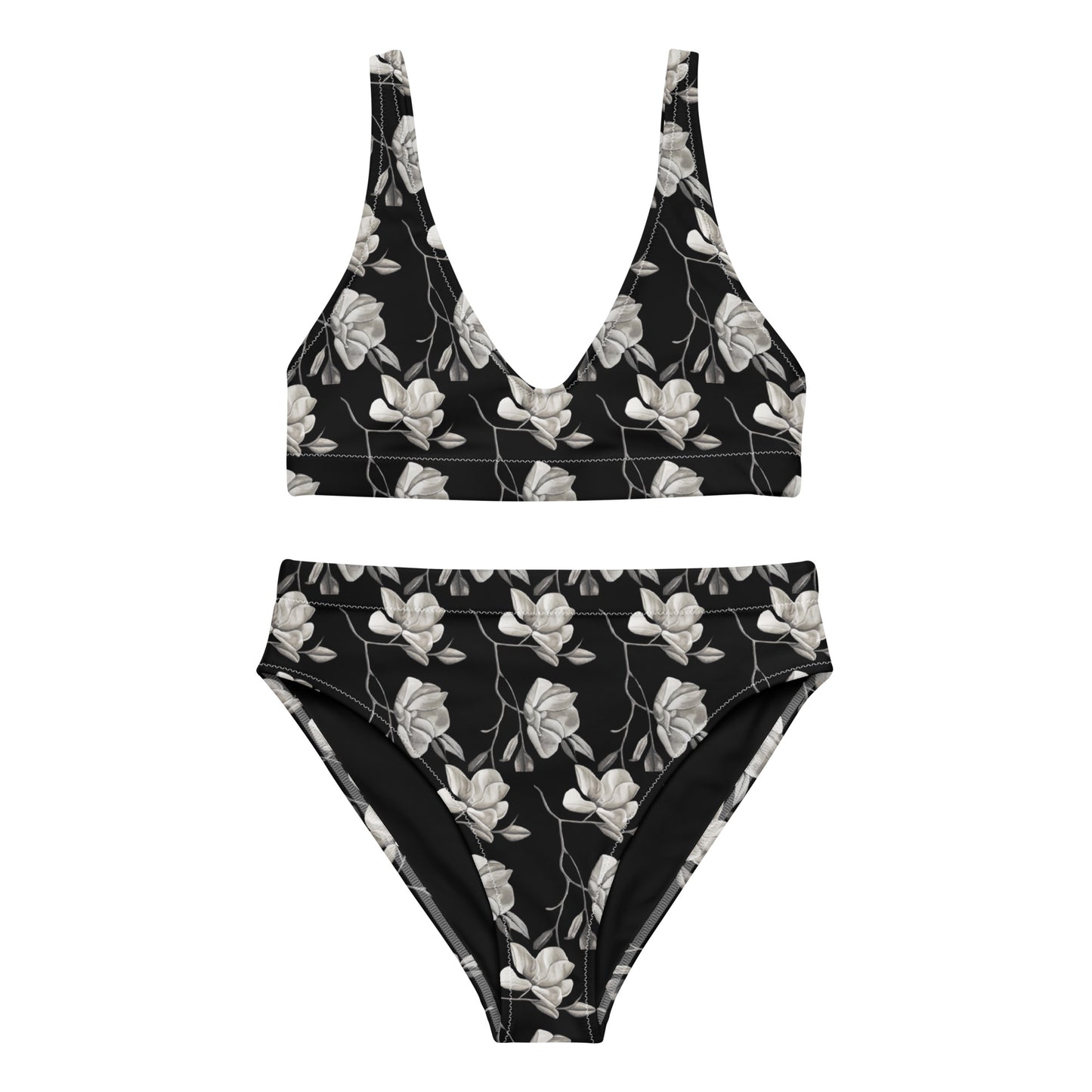 High-waisted Bikini - Midnight Magnolias - Monochrome Black and White Artwork Design