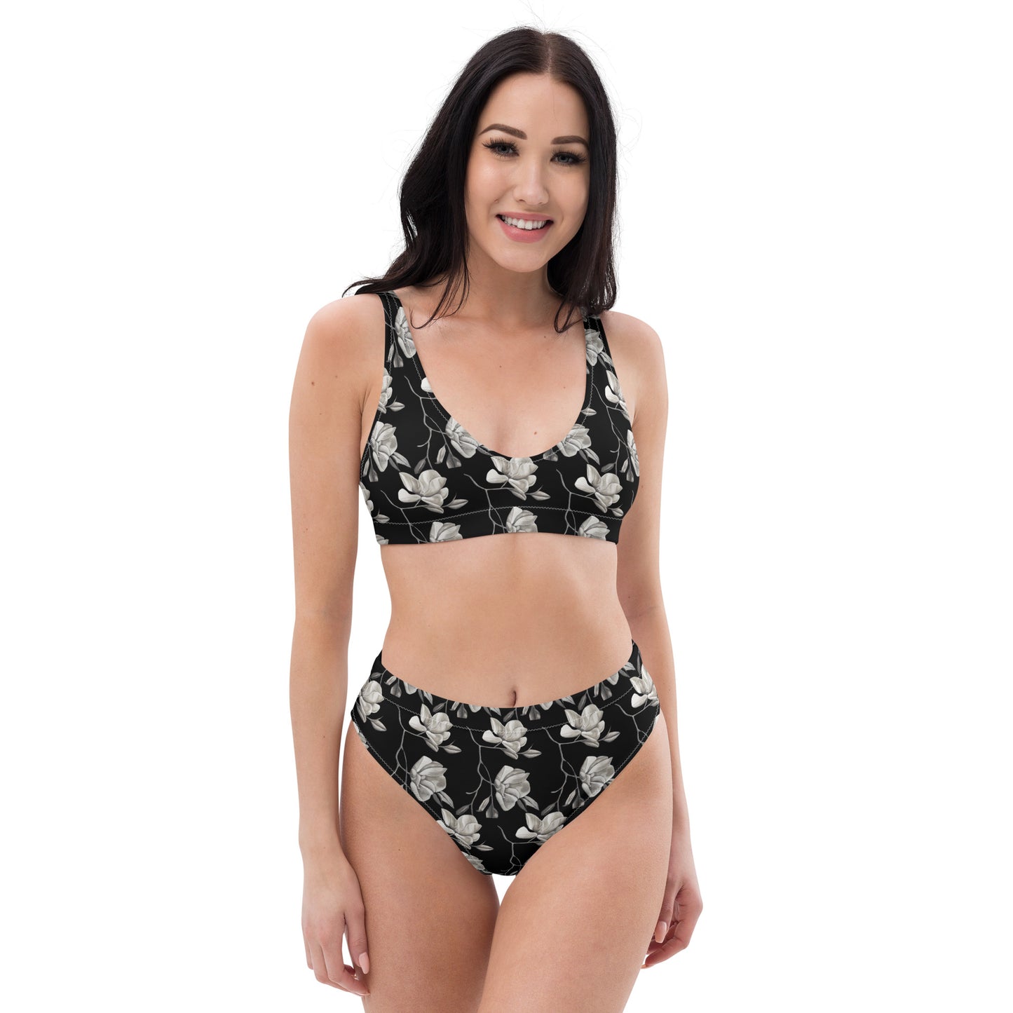 High-waisted Bikini - Midnight Magnolias - Monochrome Black and White Artwork Design