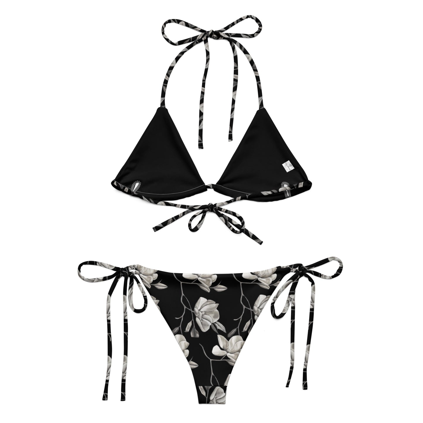 String Bikini - Midnight Magnolias - Monochrome Black and White Floral Artwork Design