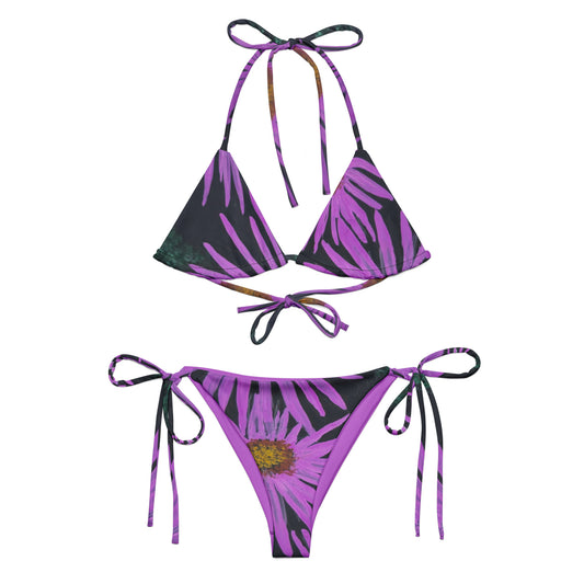 String Bikini - Purple Aster Flower with Bee - Colorful Floral Artwork Design