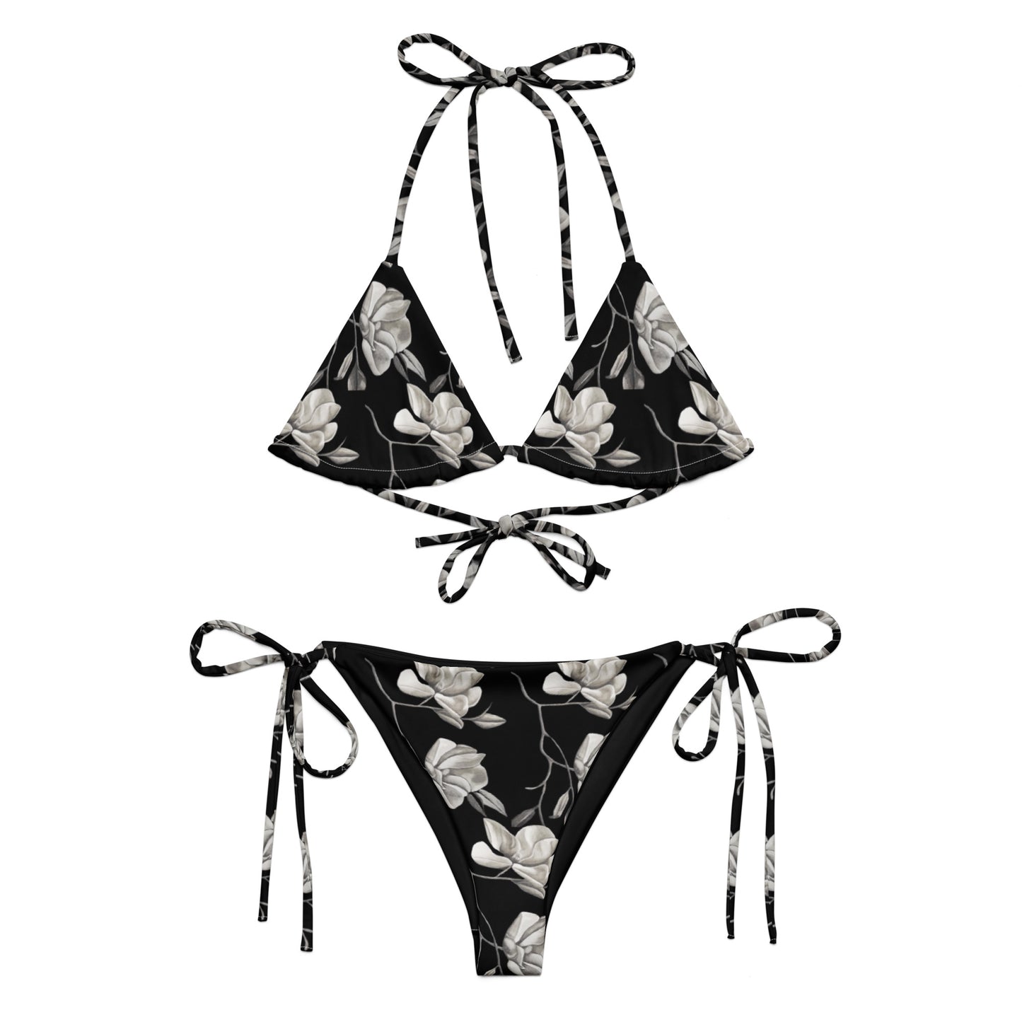 String Bikini - Midnight Magnolias - Monochrome Black and White Floral Artwork Design