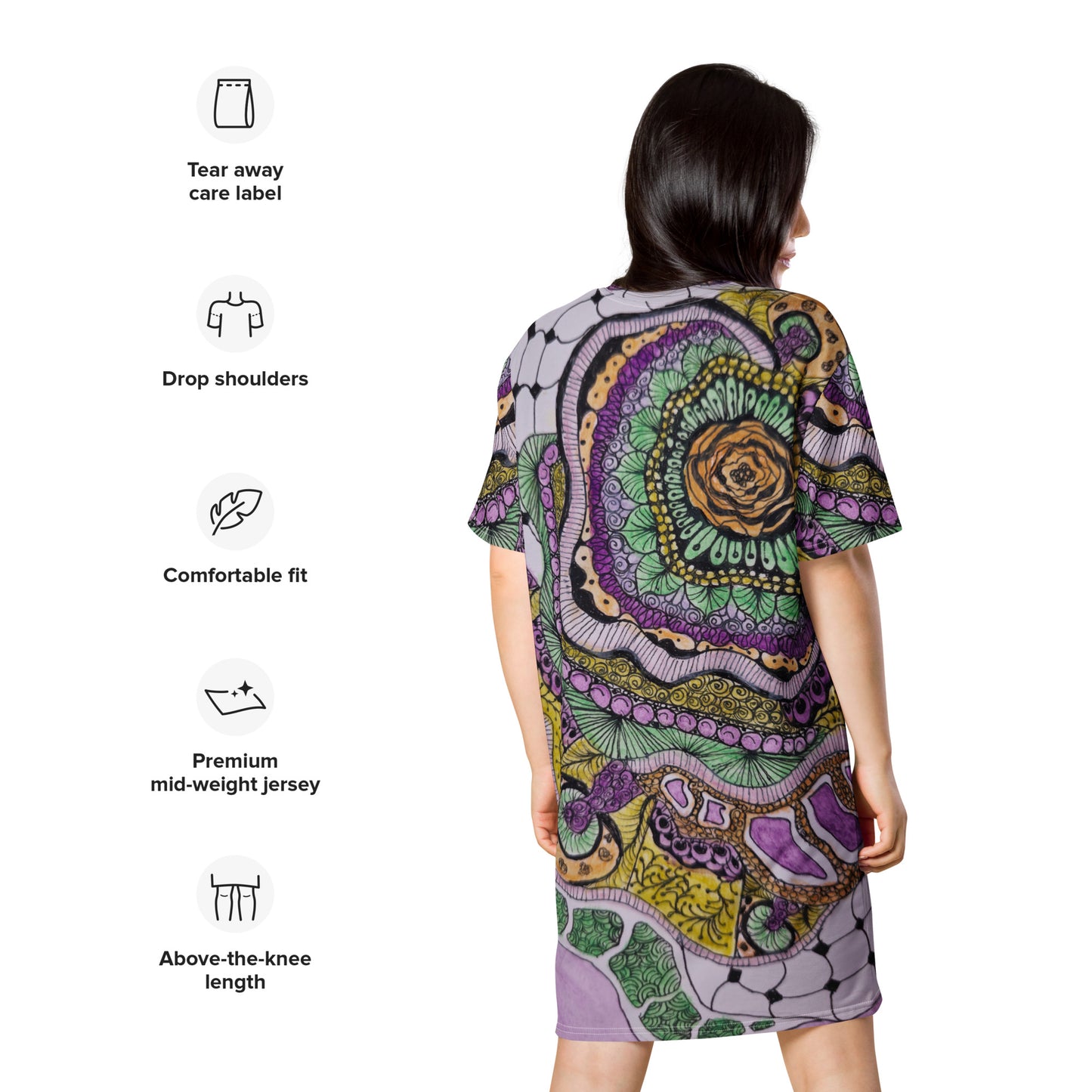 T-shirt Dress - Zen Floral Bliss - Colorful Zentangle Artwork Design by Cathy Dement