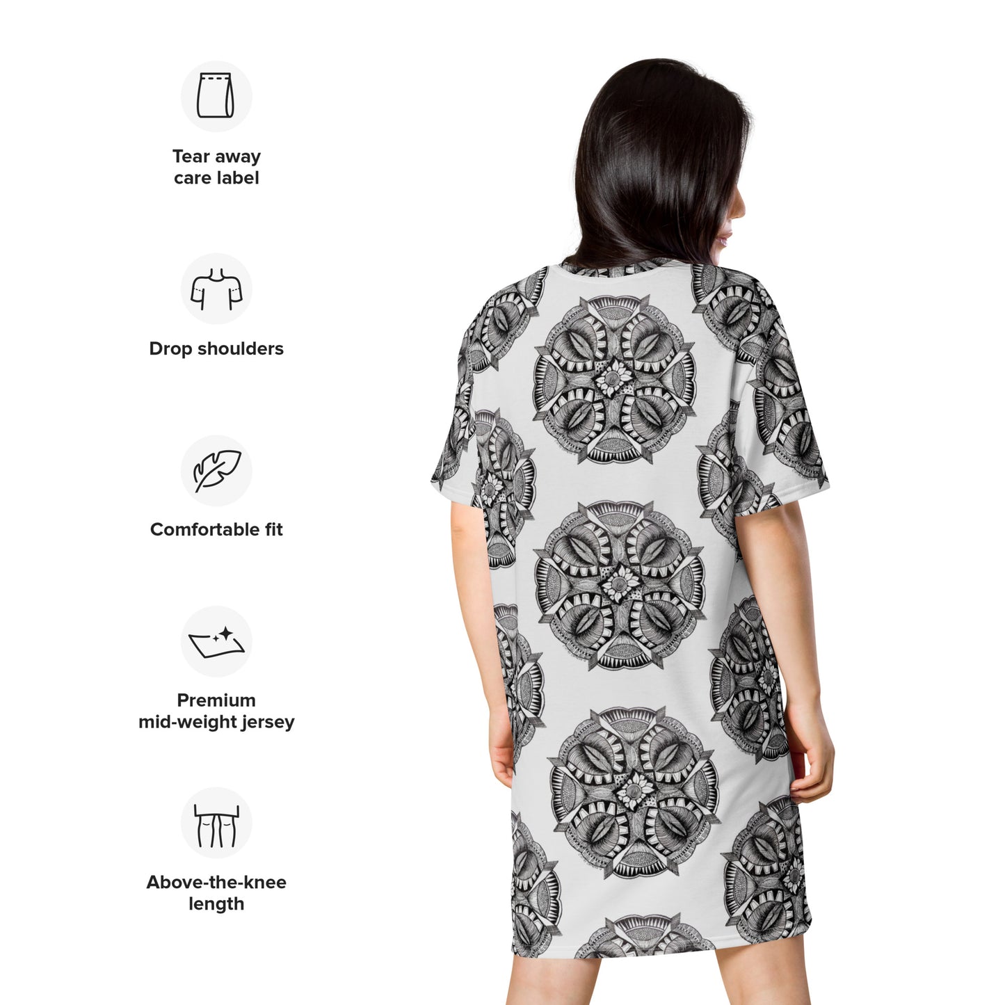 T-shirt Dress - Zen-Dala - Monochrome Zentangle Artwork Design by Cathy Dement