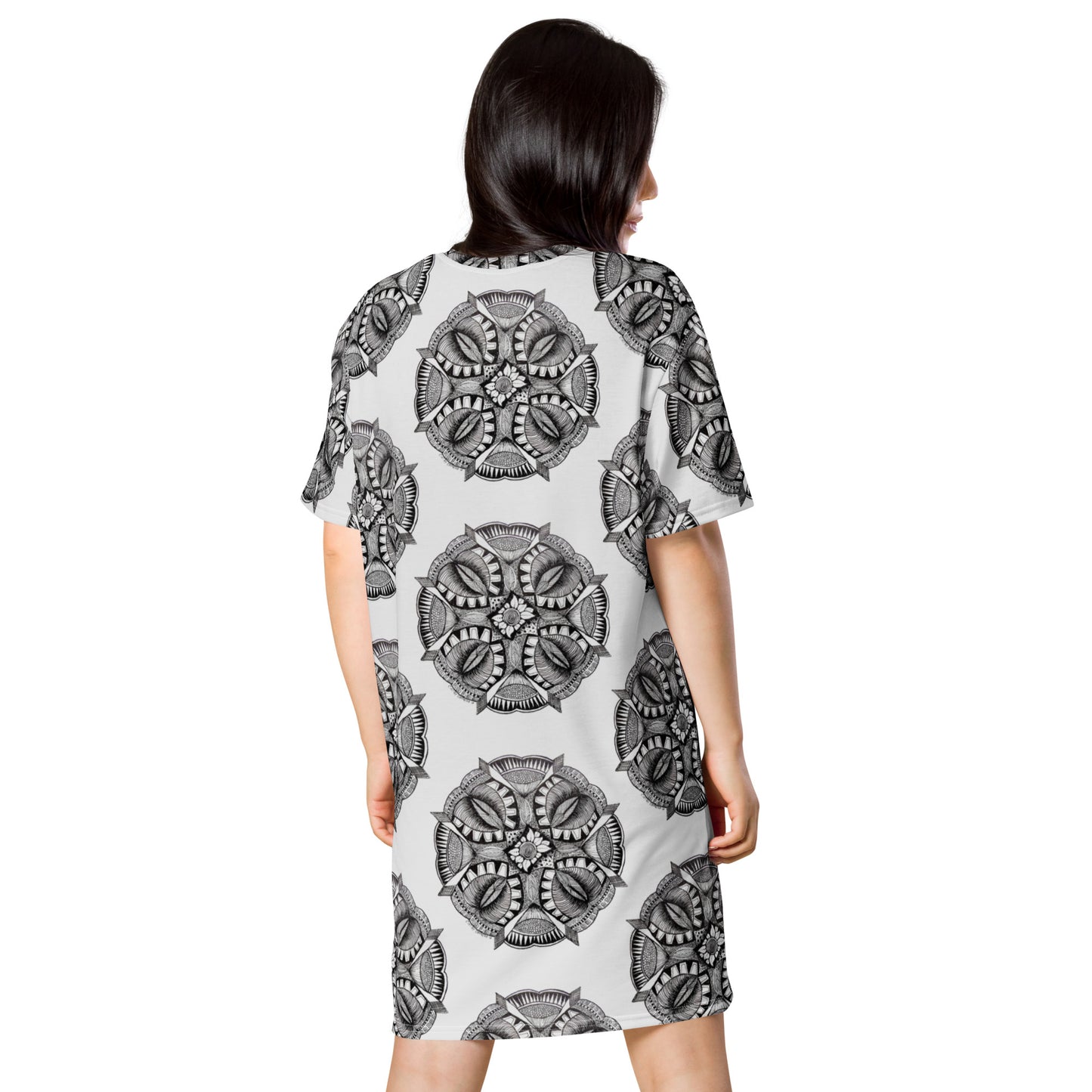 T-shirt Dress - Zen-Dala - Monochrome Zentangle Artwork Design by Cathy Dement