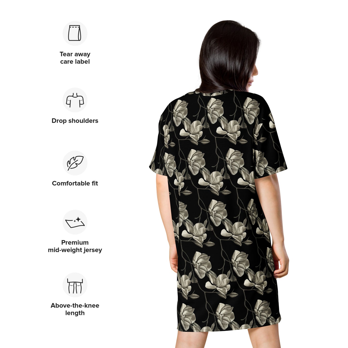 T-shirt Dress - Midnight Magnolias - Monochrome Black and White Magnolia Artwork Design by Cathy Dement