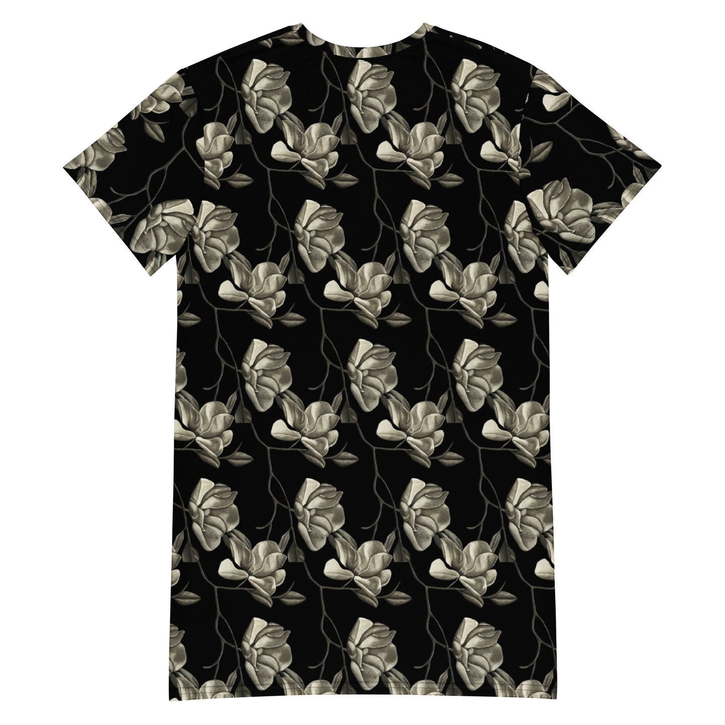 T-shirt Dress - Midnight Magnolias - Monochrome Black and White Magnolia Artwork Design by Cathy Dement