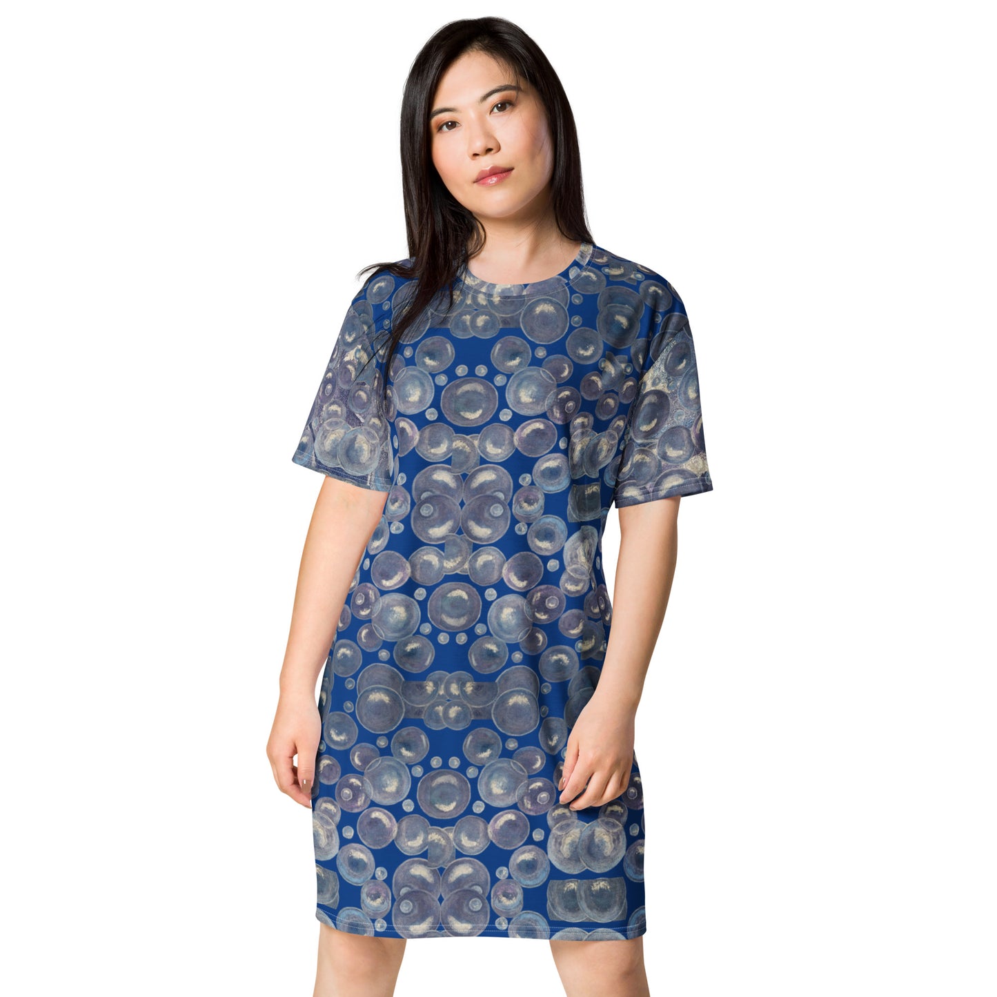 T-shirt Dress - Tranquil Reflections: Blue and White Reflective Bubble Design