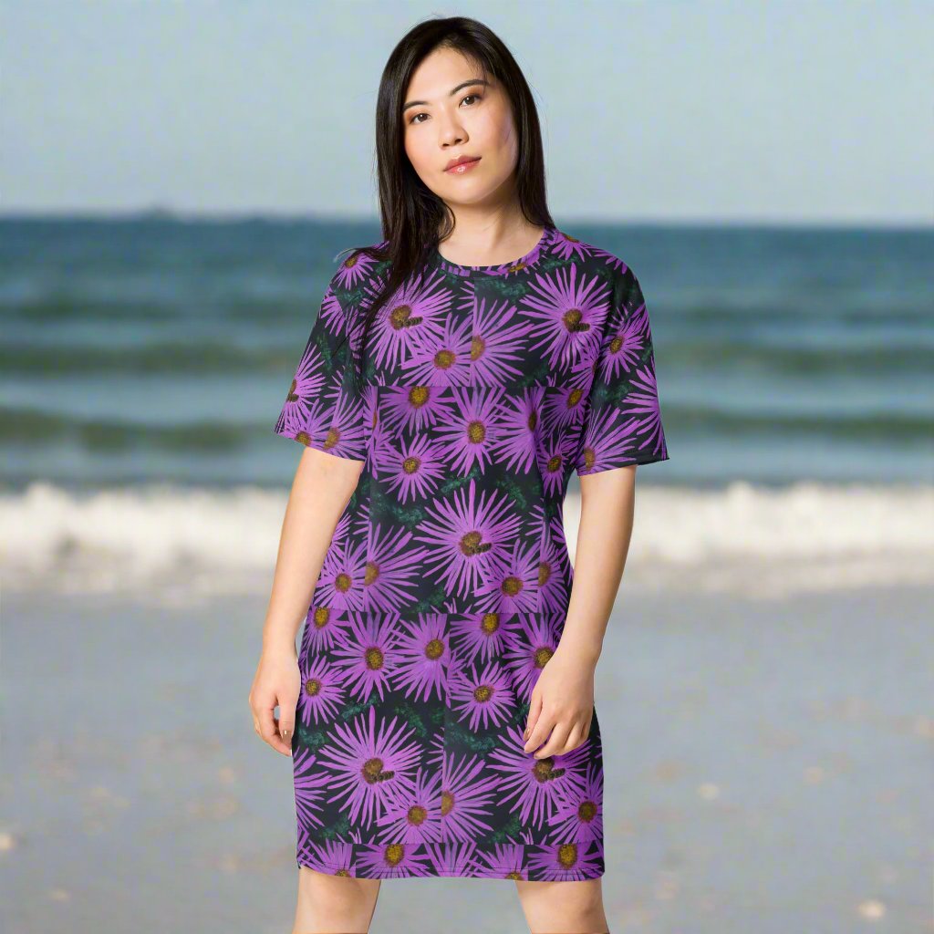 T-shirt Dress - Purple Aster Flowers with Bee - Colorful Floral Artwork Design by Cathy Dement