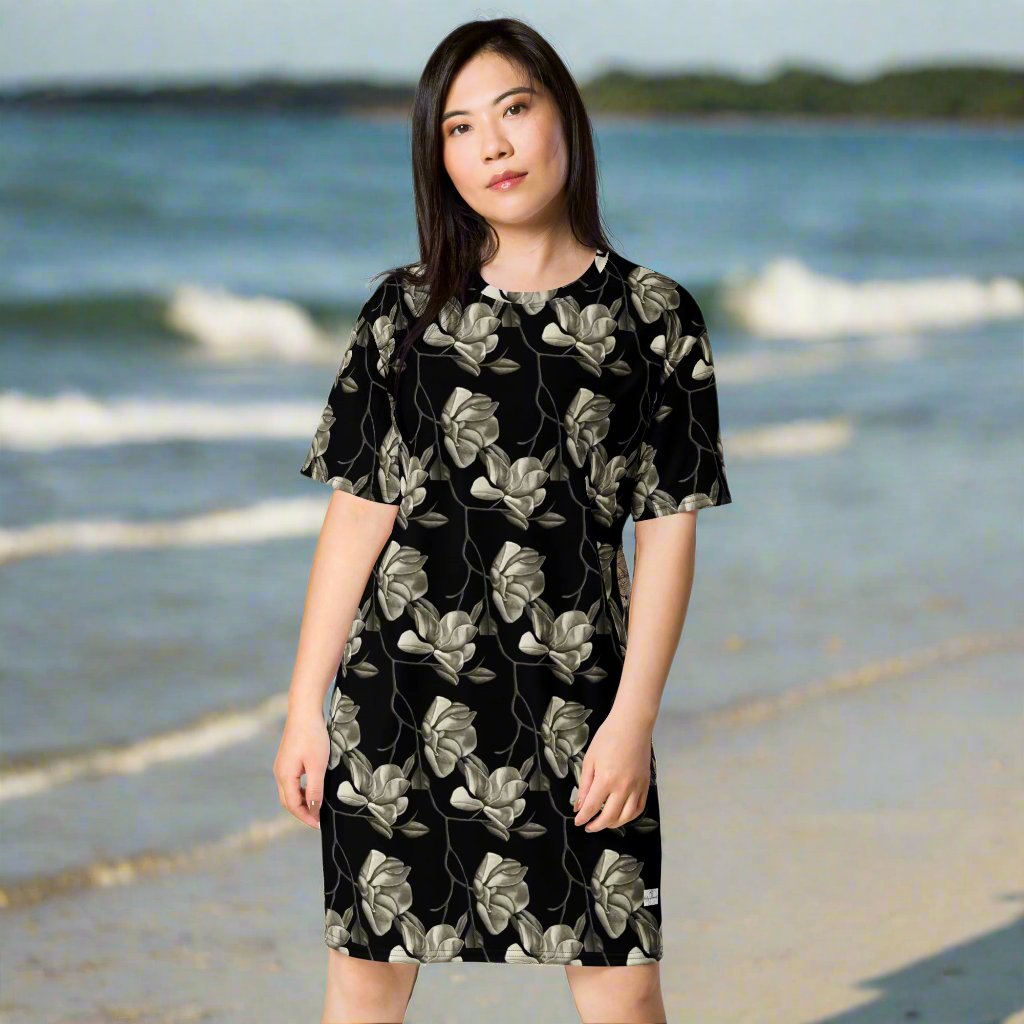 T-shirt Dress - Midnight Magnolias - Monochrome Black and White Magnolia Artwork Design by Cathy Dement