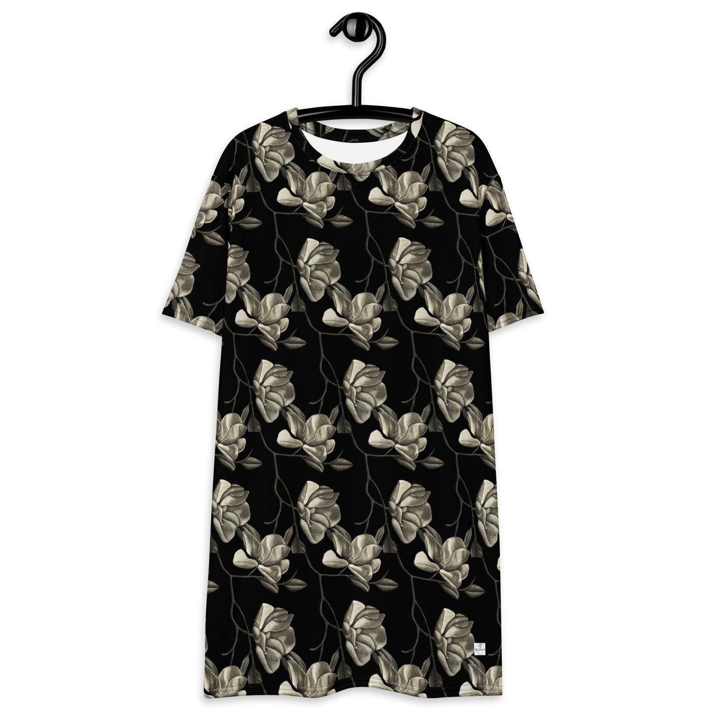 T-shirt Dress - Midnight Magnolias - Monochrome Black and White Magnolia Artwork Design by Cathy Dement