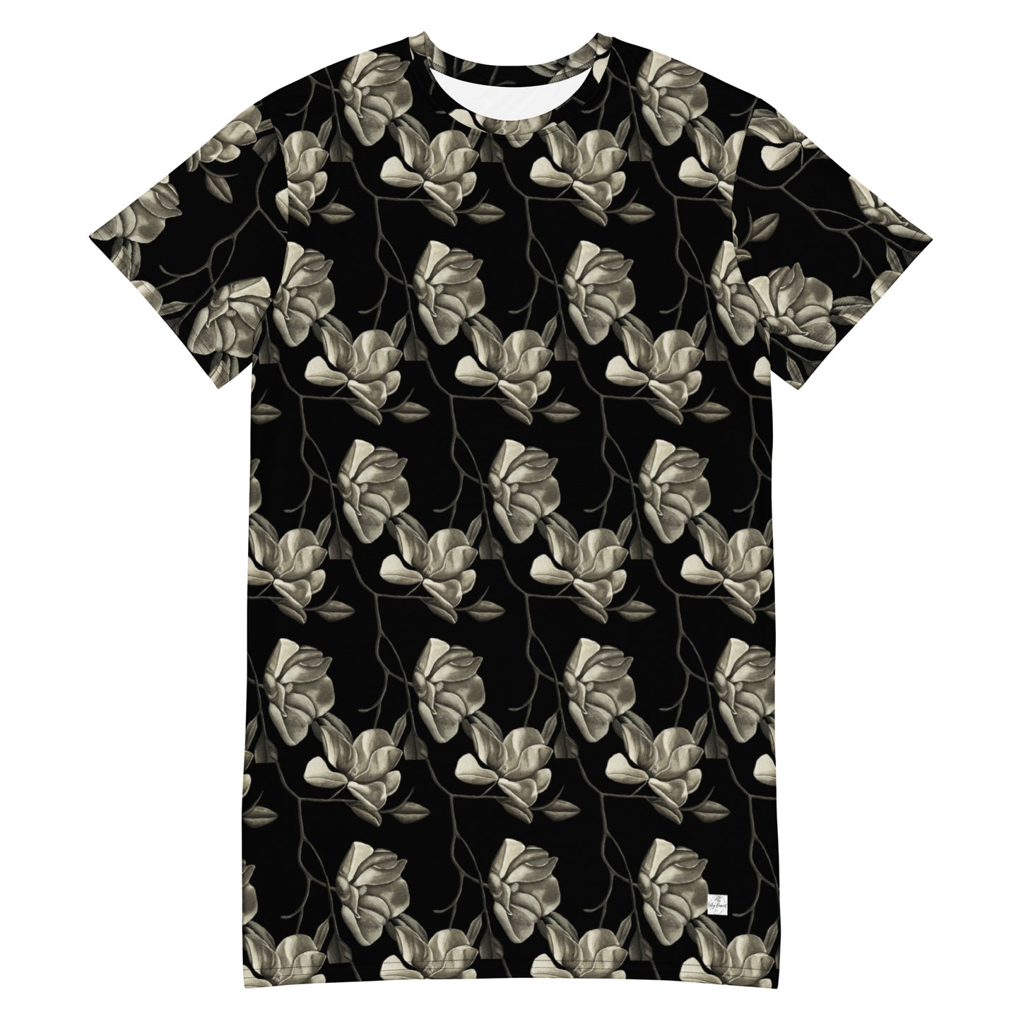 T-shirt Dress - Midnight Magnolias - Monochrome Black and White Magnolia Artwork Design by Cathy Dement