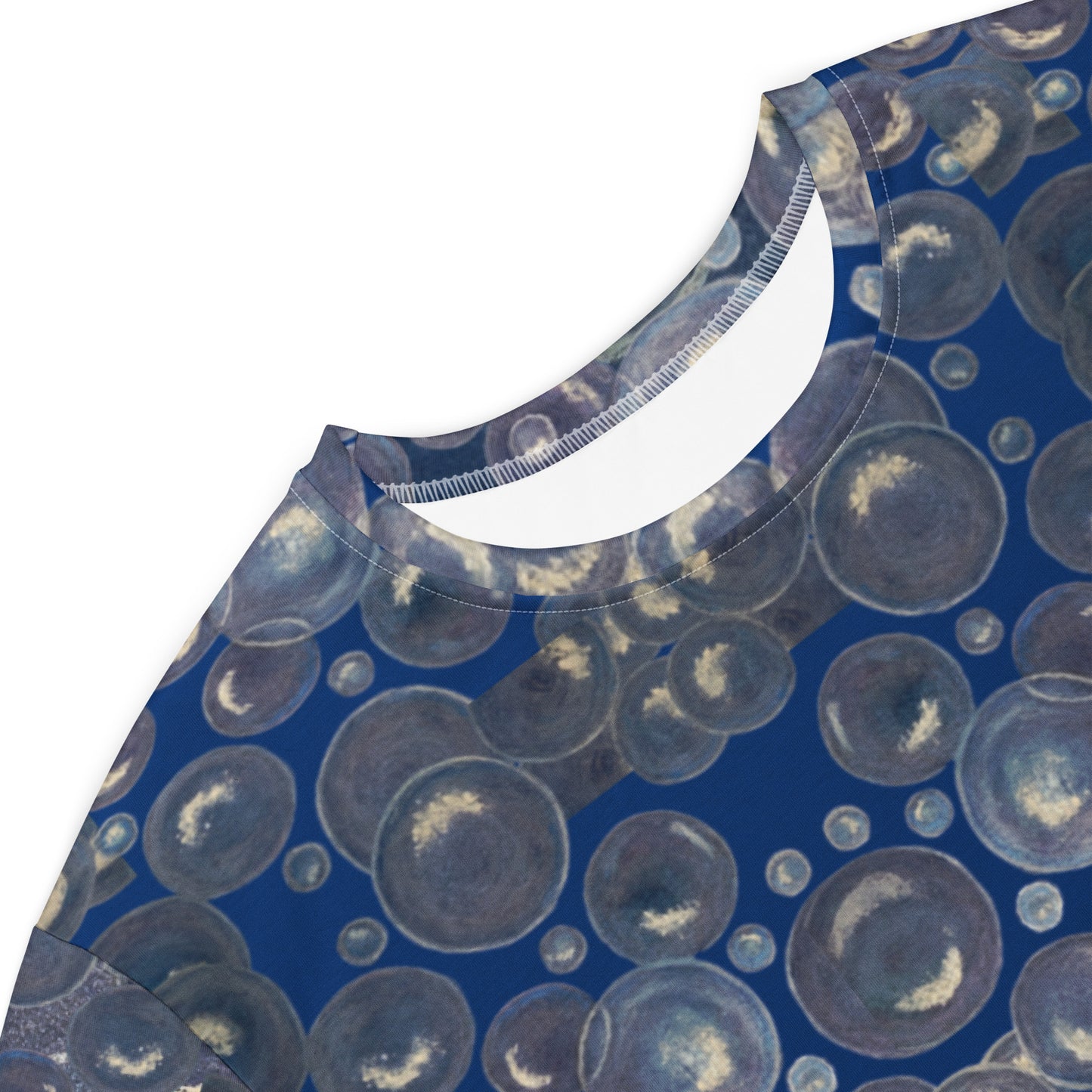 T-shirt Dress - Tranquil Reflections: Blue and White Reflective Bubble Design