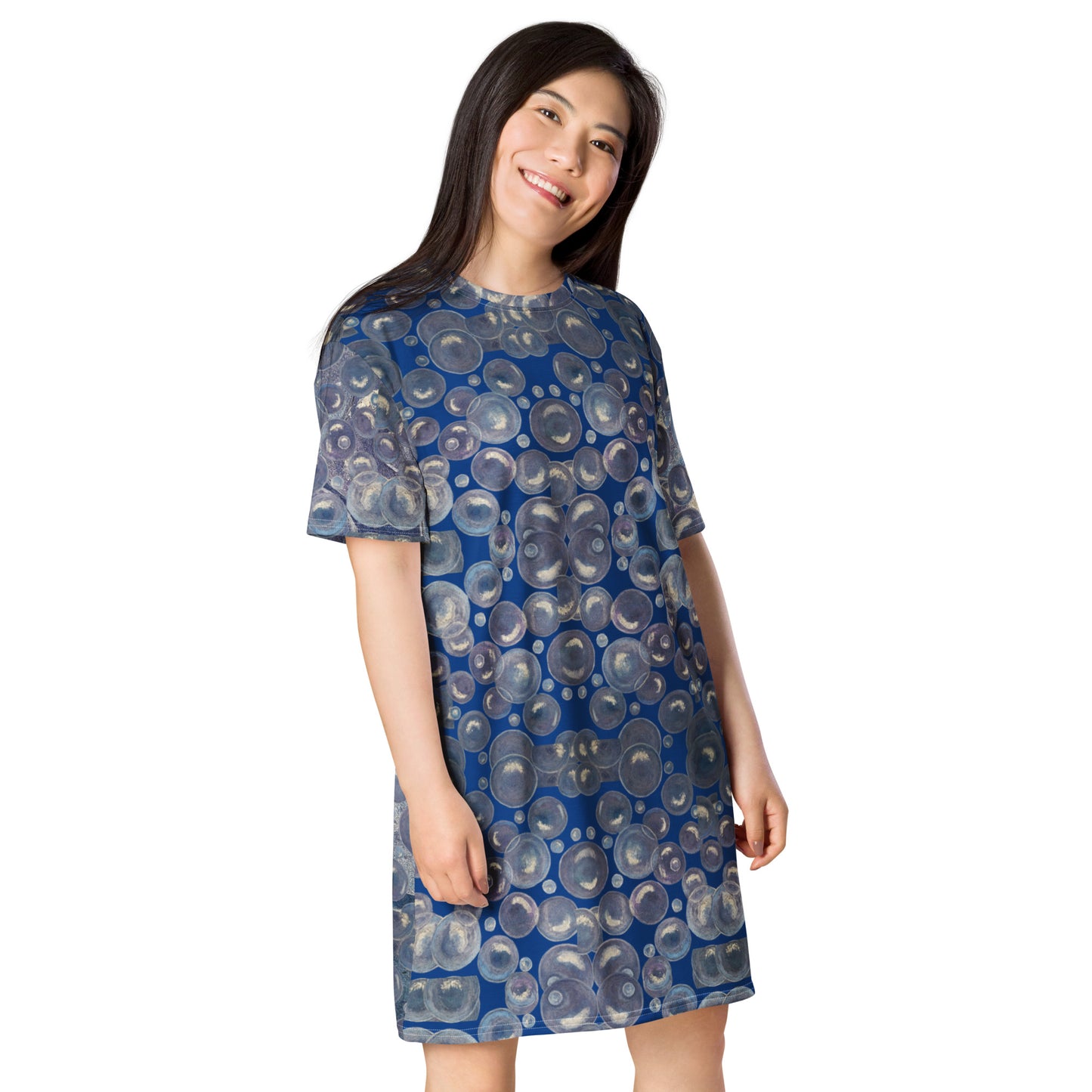 T-shirt Dress - Tranquil Reflections: Blue and White Reflective Bubble Design