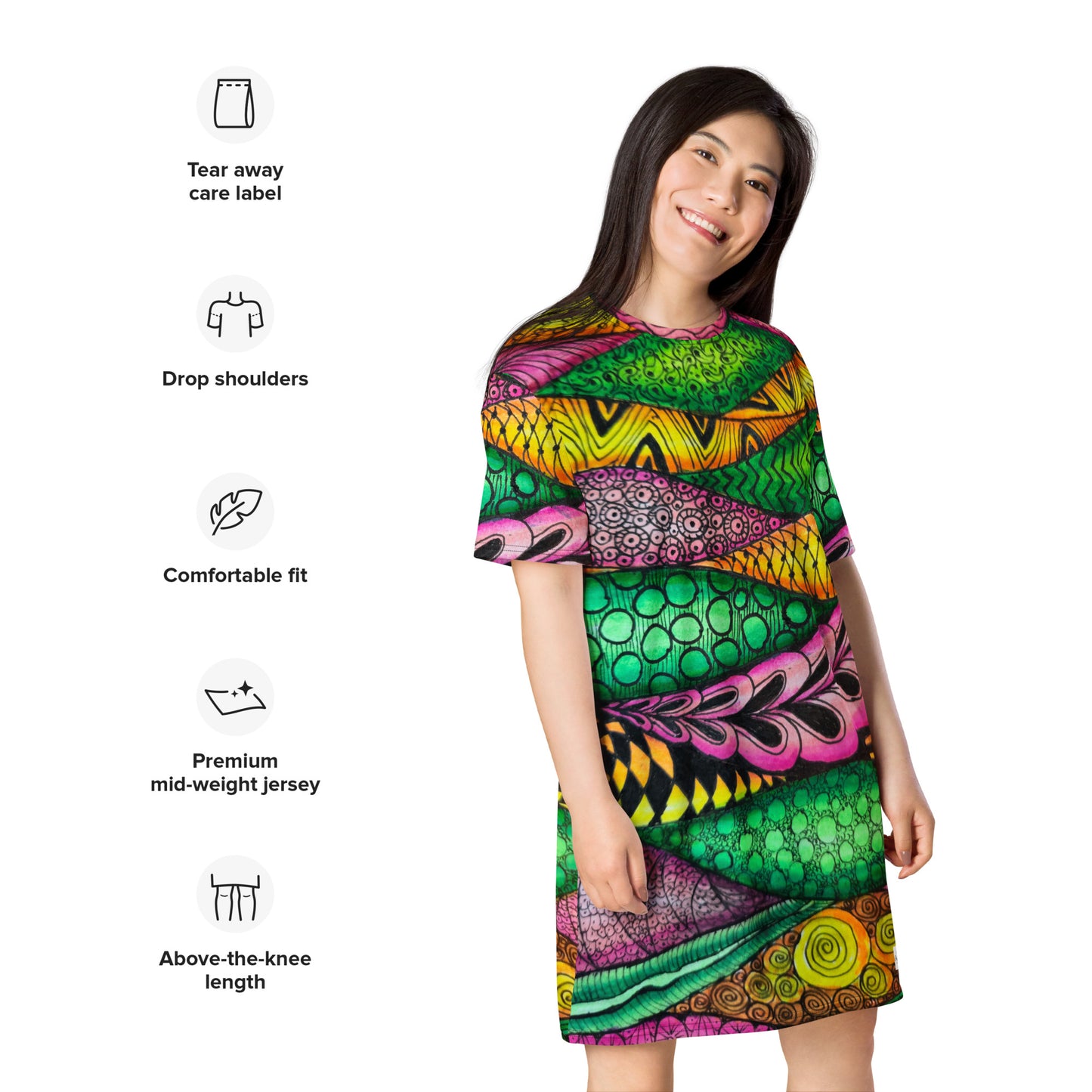 T-shirt Dress - Zen Bloom - Colorful Zentangle Artwork Design by Cathy Dement